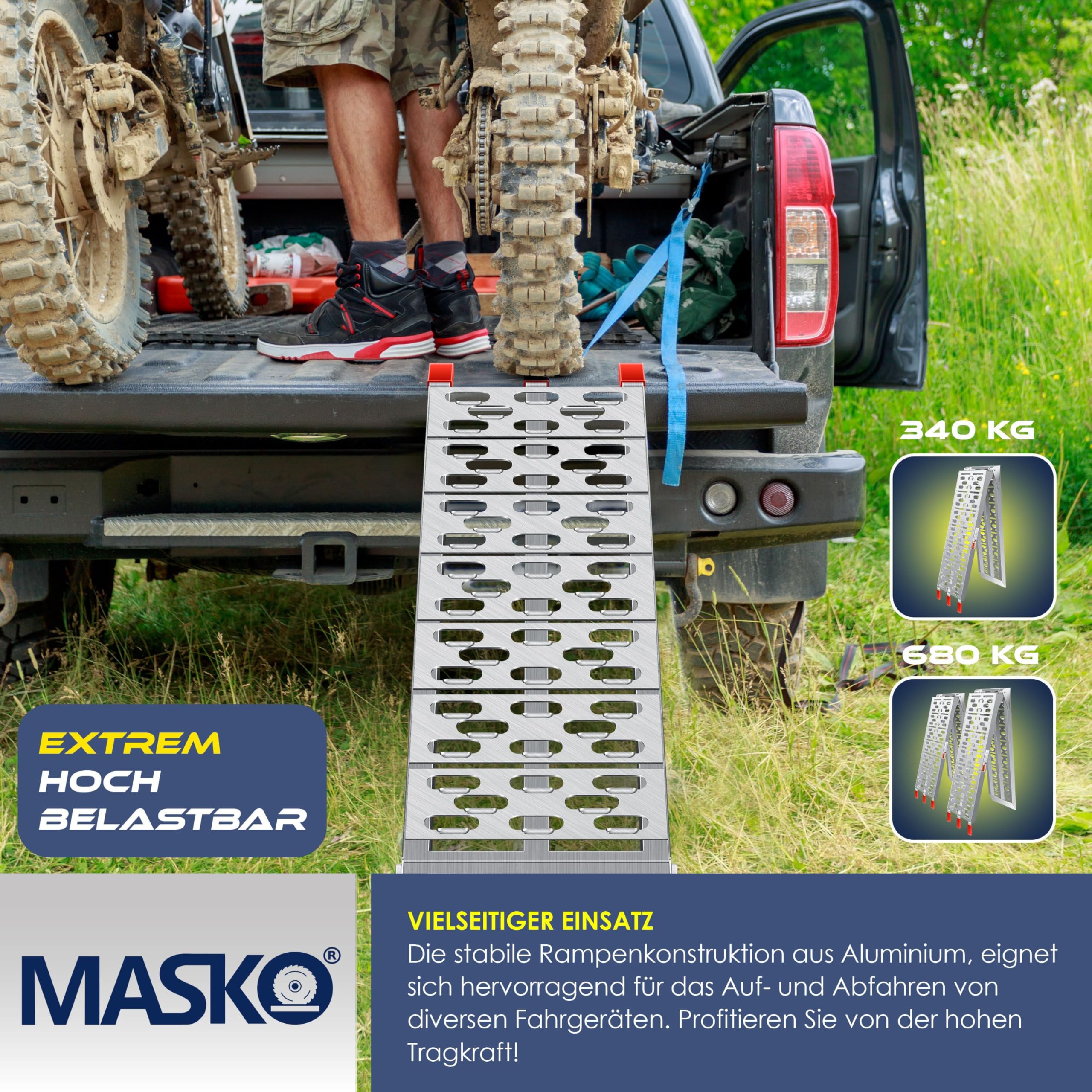 MASKO® Auffahrrampe 340kg Faltbare ALU Verladerampe Max 680kg* Pro Paar Verladeschiene Antirutsch Klappbar max. 340kg* pro Stück Motorrad ATV Quad PKW Auto Laderampe,1x Auffahrrampe Silber