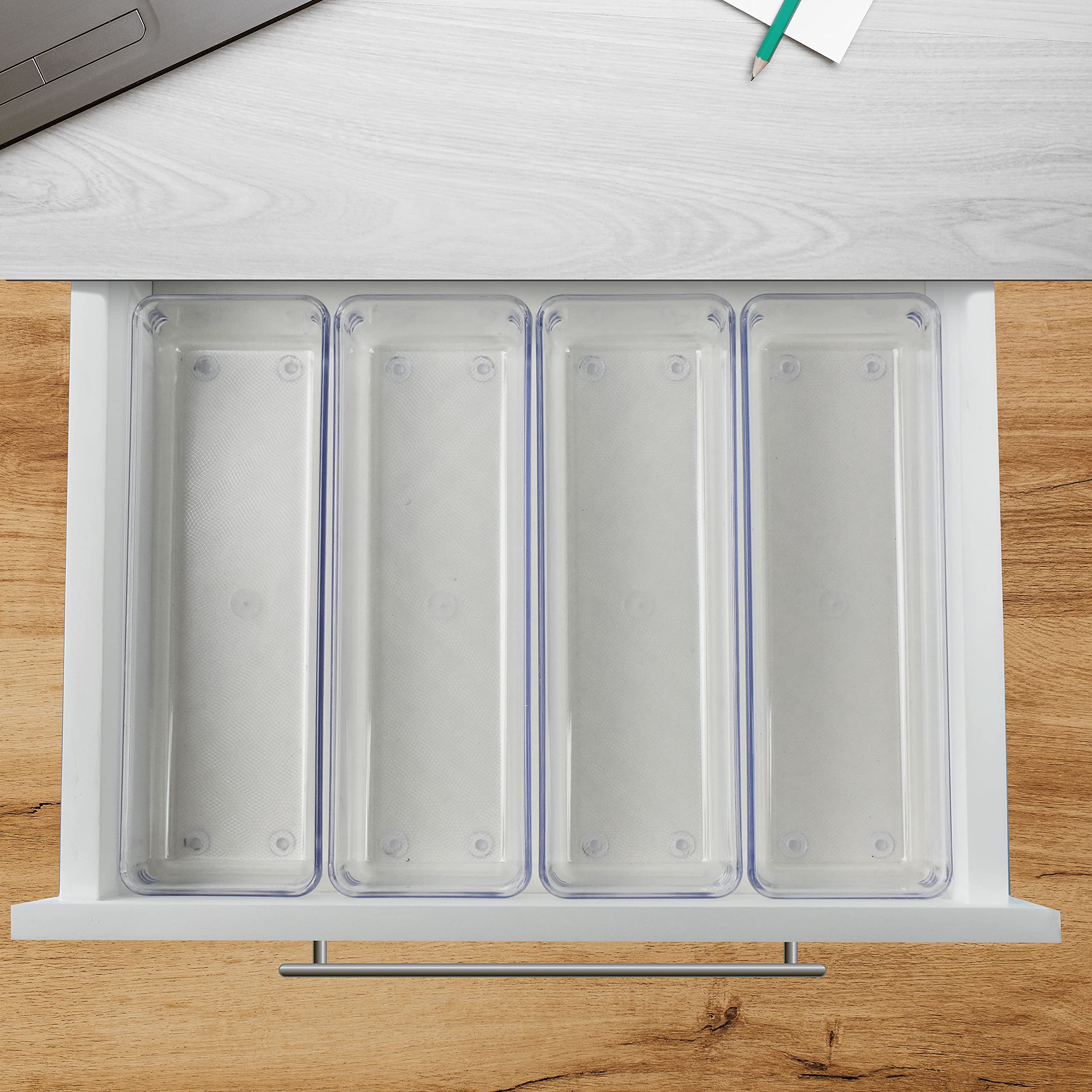 Acrimet Organizador de Cajón Modular, Bandejas de Almacenamiento en Caja para Oficina, Hogar, Maquillaje, Cocina, Cajón de Trastos (4 Piezas) (Plástico Transparente de Cristal)
