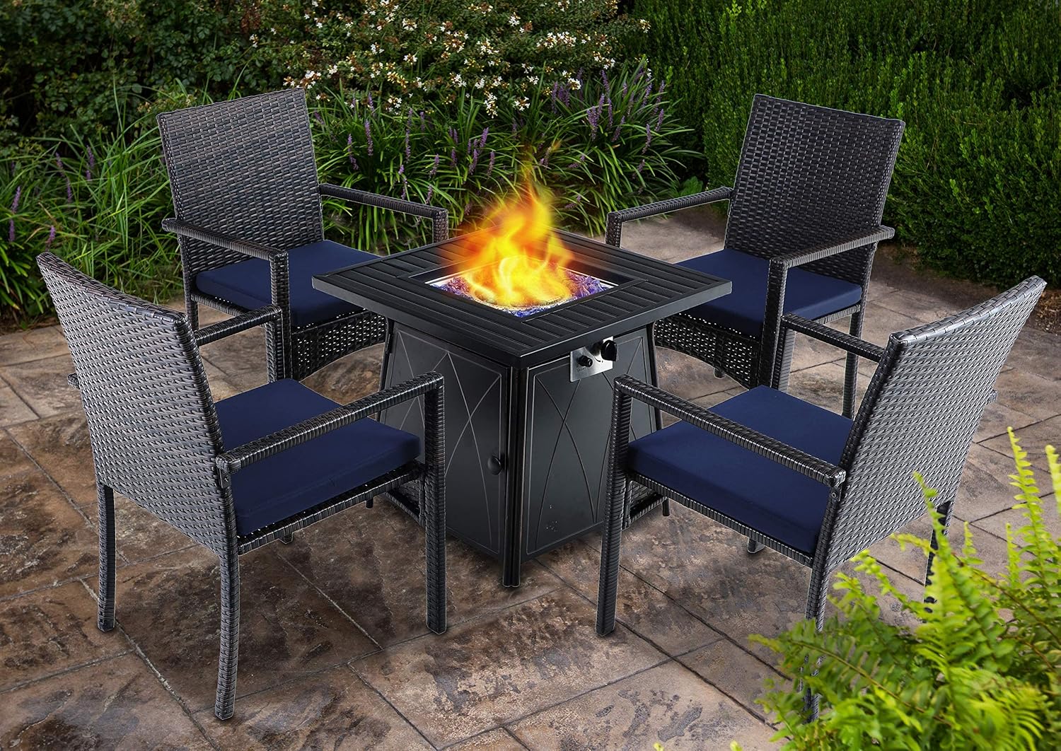 PHI VILLA 28” Gas Fire Pit Table with 4 Rattan Chairs Conversation Set, 5 Piece Propane Fire Table Set with 11 lbs Fire Glass, Outdoor Conversation Set for Yard, Patio
