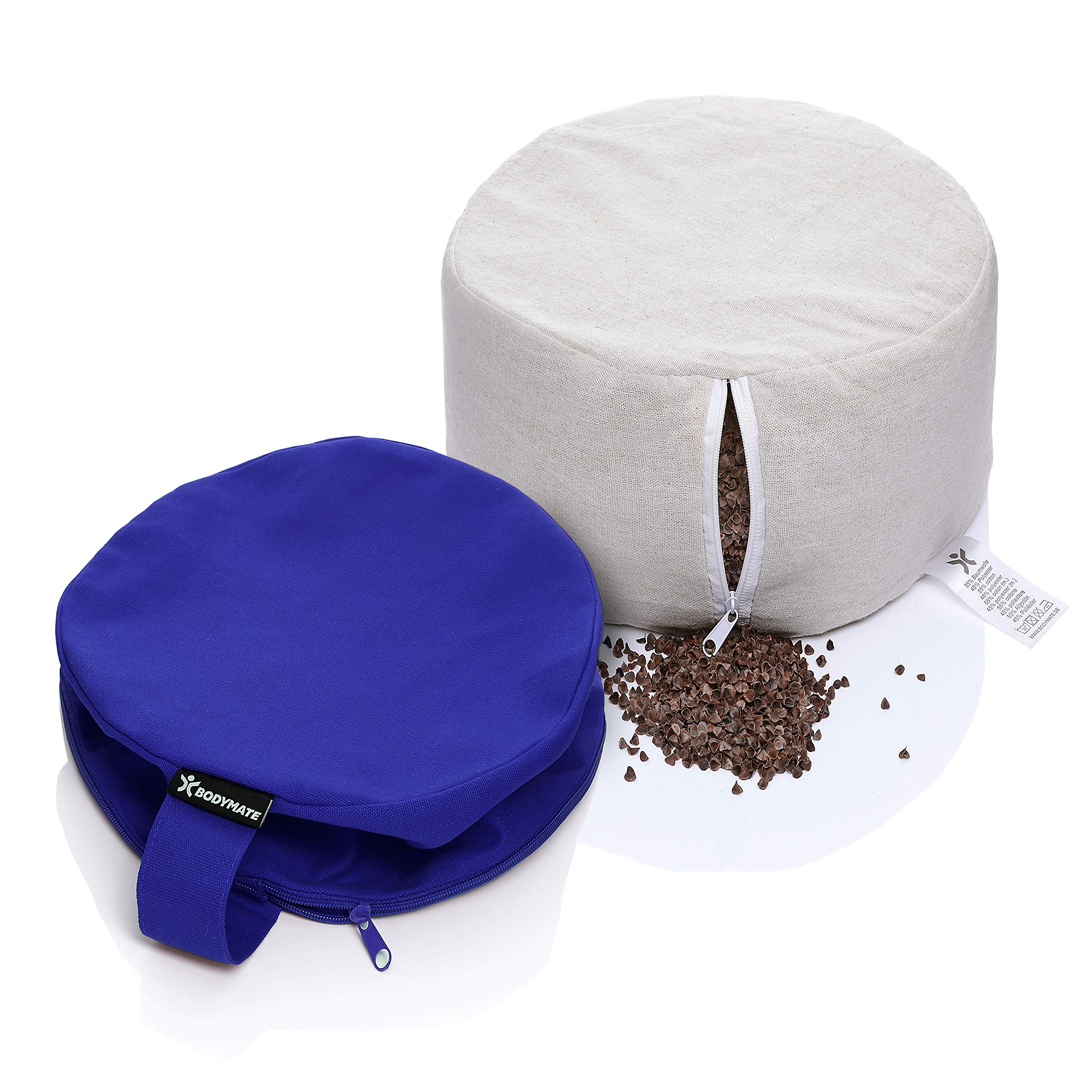 BODYMATE Cojín de Yoga Redondo extraalto | 31 cm diámetro 20 cm Alto | Relleno de cáscaras de Trigo sarraceno | Funda extragruesa y Lavable en Lavadora de algodón 100% | Cojín de meditación