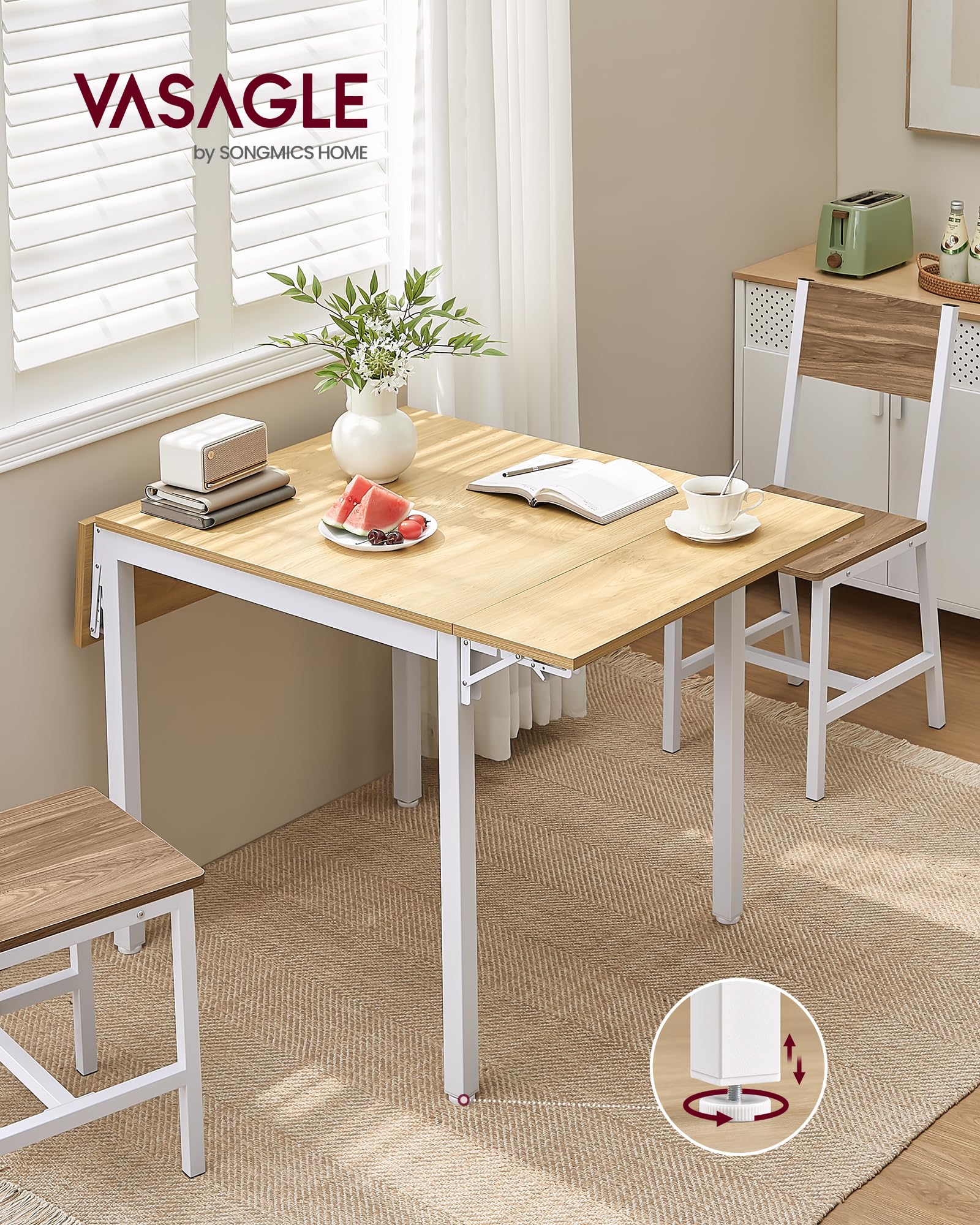 VASAGLE Table de Salle à Manger Pliable, Table de Cuisine Extensible, Bureau, pour 2 à 4 Personnes, Rectangulaire, avec Abattants, pour Petits Espaces, Couleur Chêne Naturel et Blanc Nuage KDT077Y01