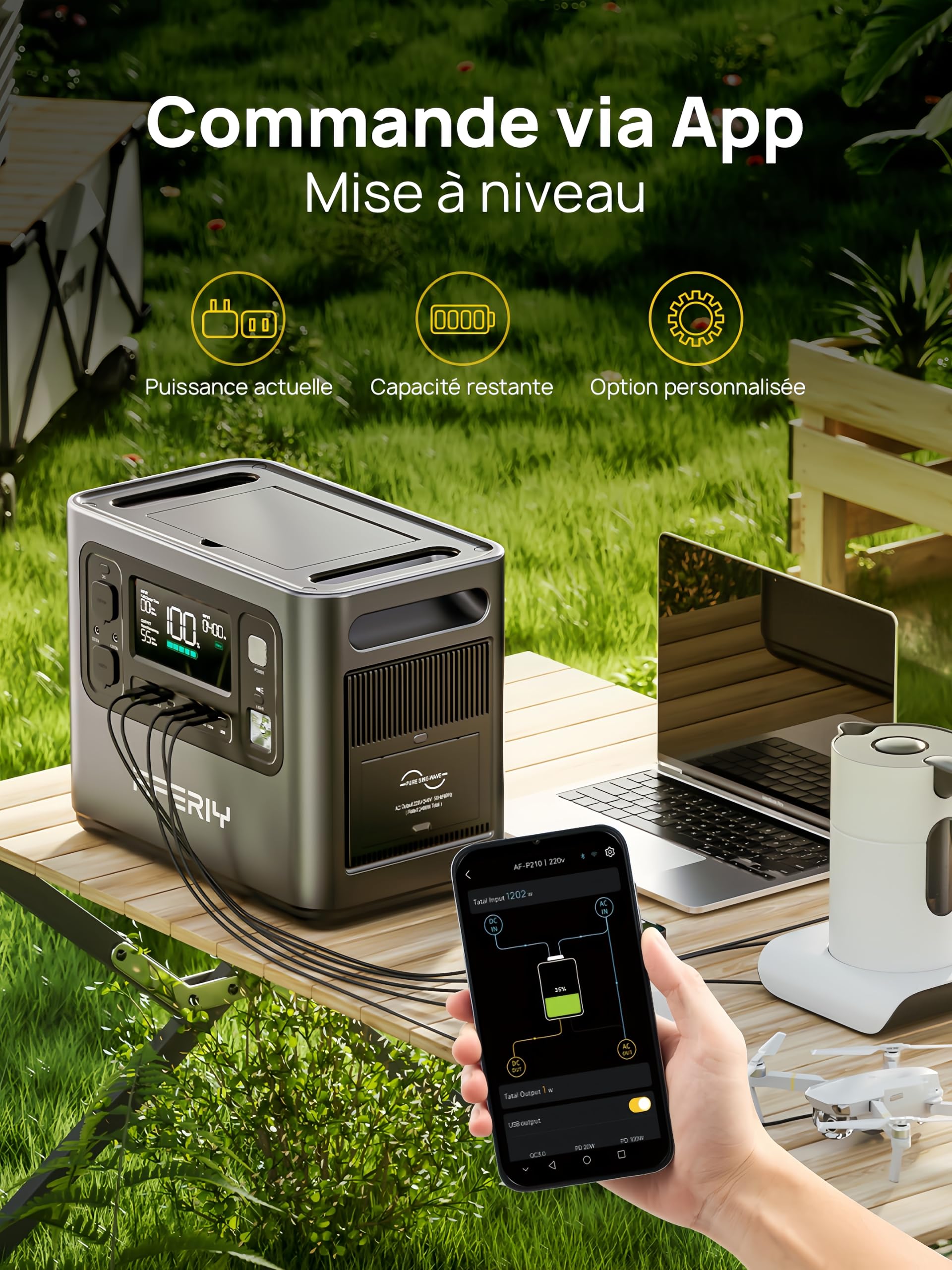 AFERIY Generateur Electrique Portable 2400W, Batterie de Secours LiFePO4 2048Wh, Avec APP, Charge Rapide 1,5H, Prise UE 220-240V, UPS, Générateur Solaire pour Camping/Famille/Bureau, Garantie 7 Ans