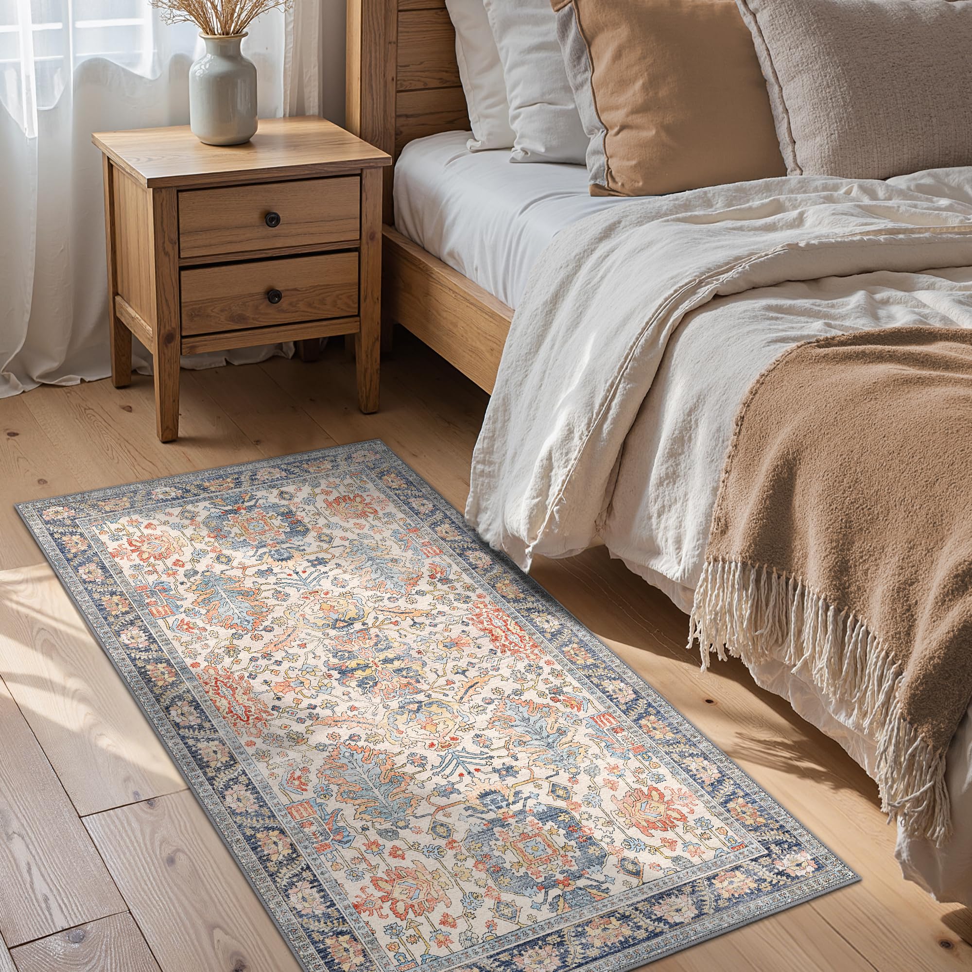 Bavni Area Rug 3x5, Non-Slip Washable Rugs for Living Room Office, Boho Distressed Printed Rug, Low Pile Foldable Decorative Carpet for Bedroom