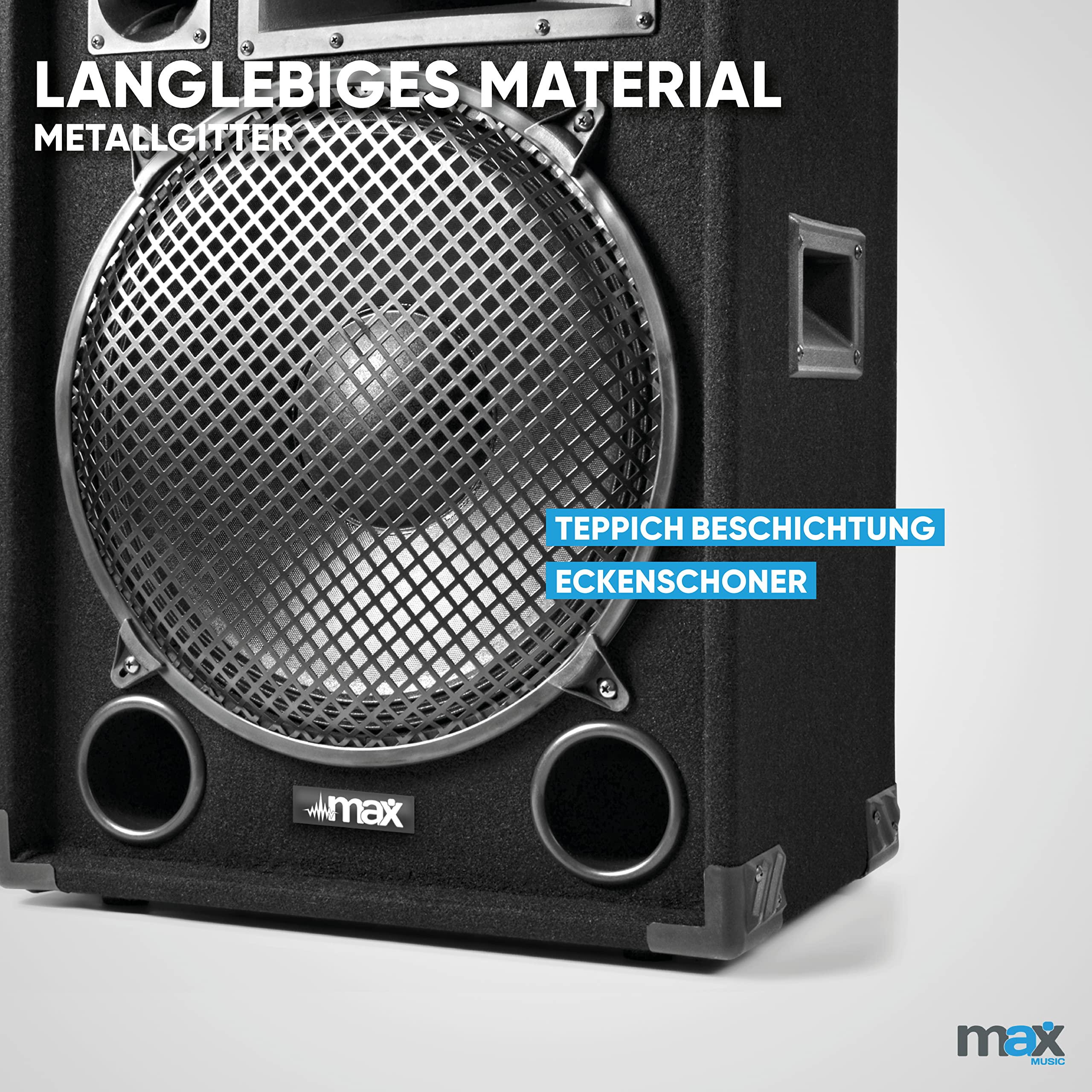 MAX MAX15 - Passiver Lautsprecher, 2er Set 1000 Watt mit je 15 Zoll Tieftöner, Partyboxen mit Griffe, Passive DJ Boxen Partylautsprecher, Disco Lautsprecherbox in Schwarz