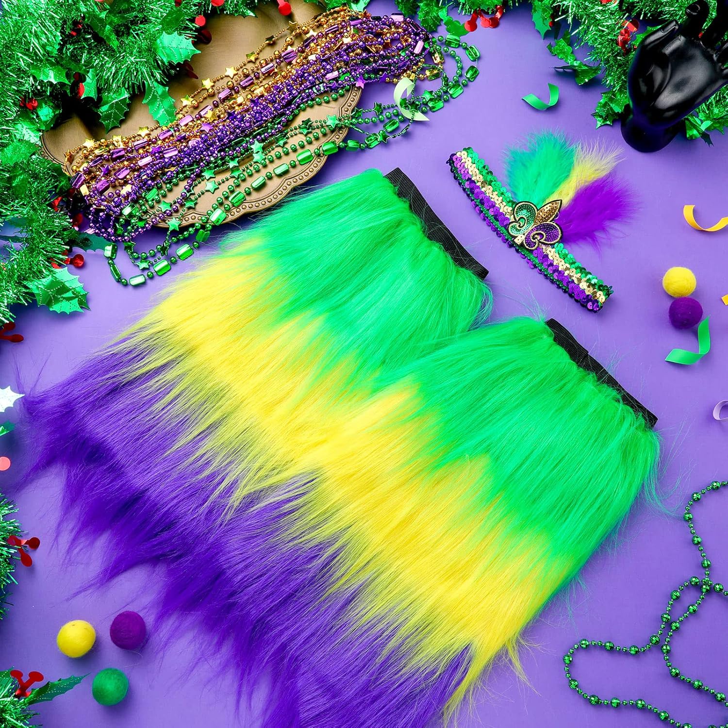 Rtteri 12pcs Mardi Gras Leg Warmers Accessories Include Mardi Gras Beads Necklaces Mardi Gras Furry Leg Covers and Women's Feathers Tea Party Hat Veil Headband for Masquerade Costume Party Favors - Image 4