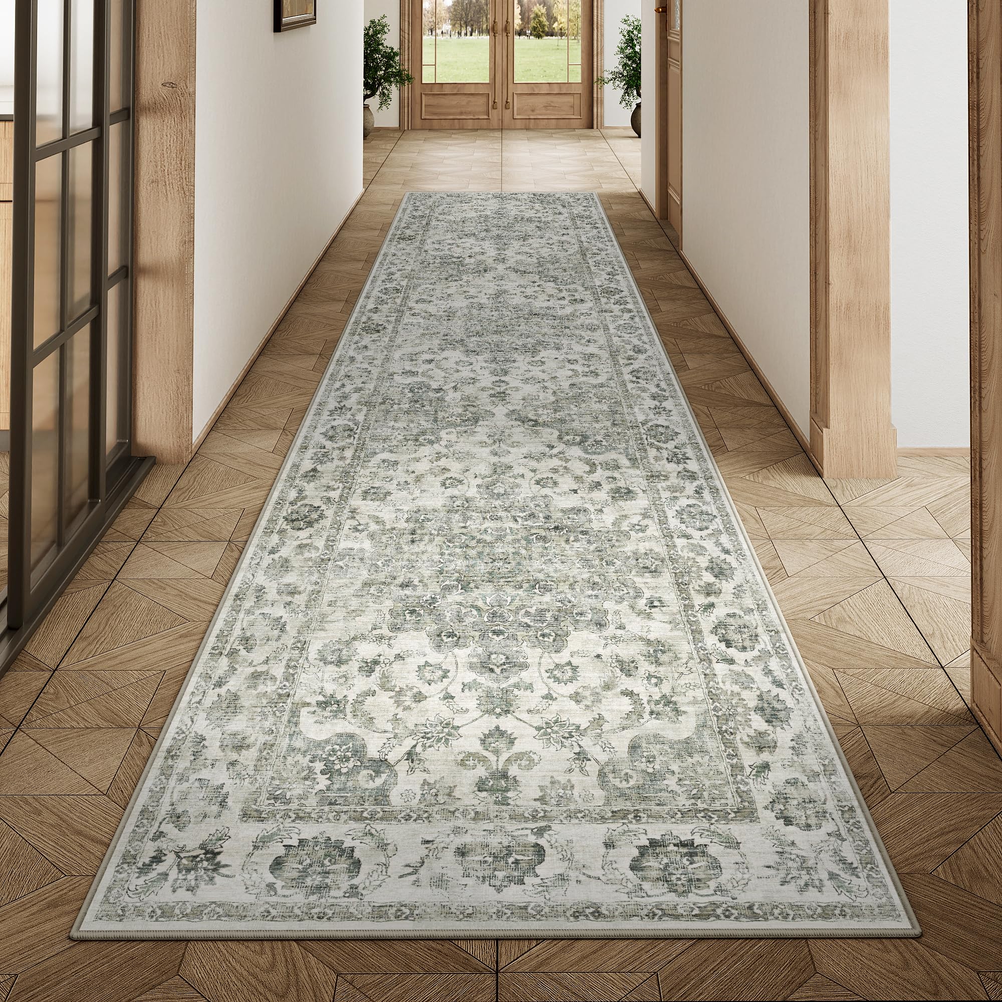 WondRg 2x8 Washable Neutral Runner Rug Green Vintage Hallway Kitchen Carpet Non-Slip Soft Low Pile Floral Throw Rug for Bedroom Bathroom Laundry