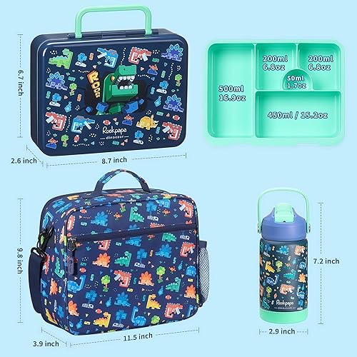 Miniatura 2 de rockpapa Fiambrera Bento de 5 compartimentos para niños con utensilios y botella de agua aislada y bolsa de almuerzo con correa, juego de