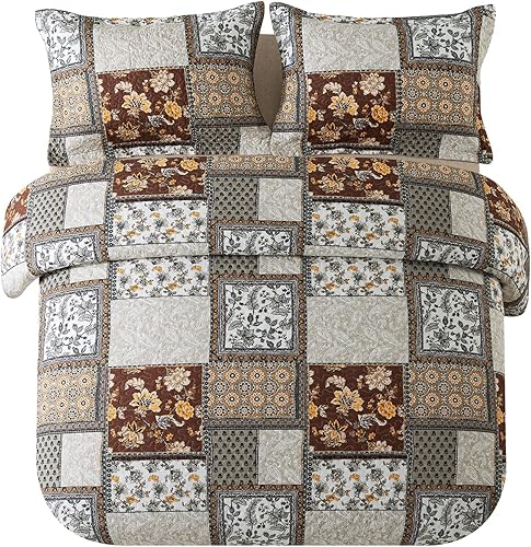 Vista 33 de NEWLAKE - Juego de colcha de algodón - Juego de cubrecama reversible con diseño de patchwork, patrón bohemio clásico - King, morado Púrpura Clásico