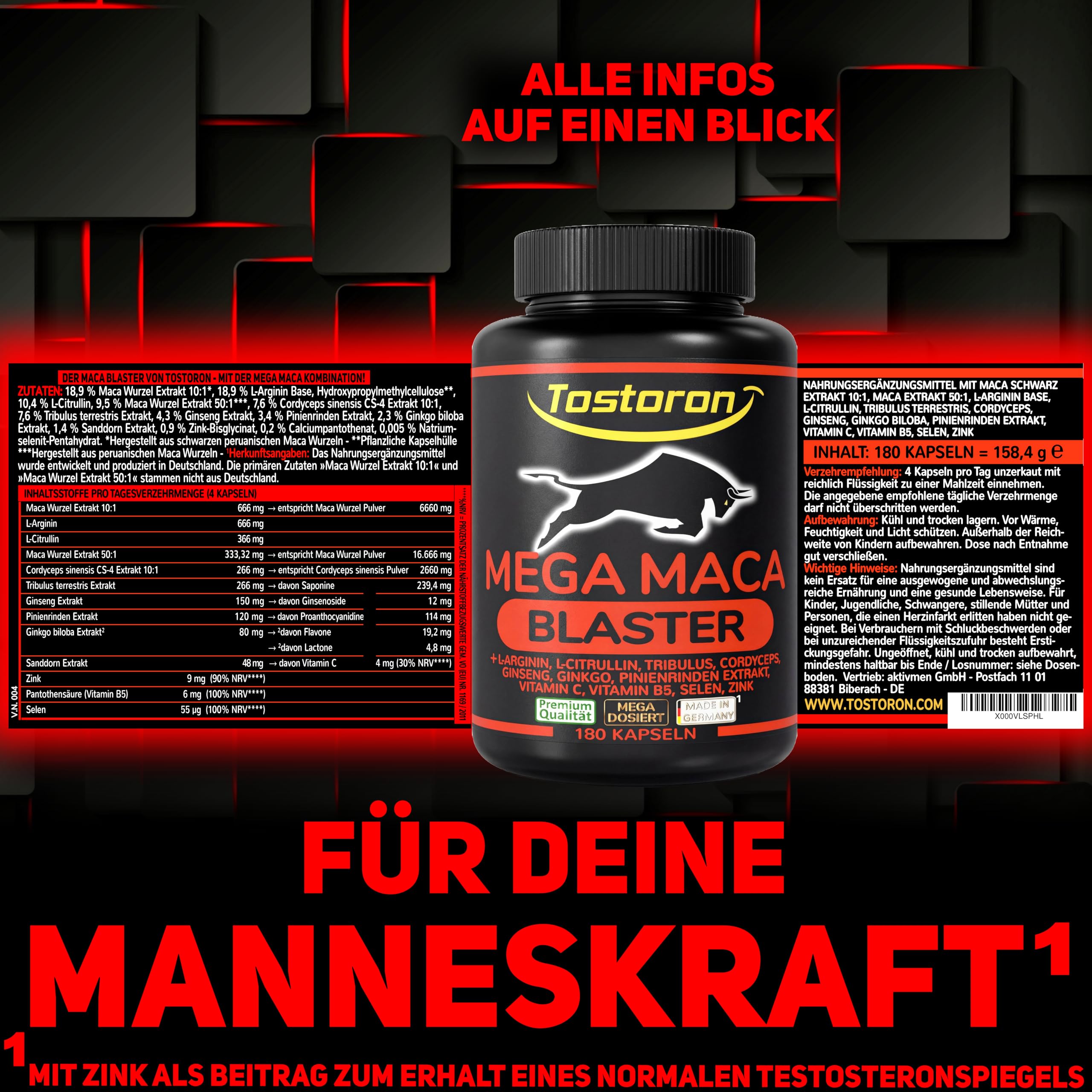 Tostoron MEGA MACA BLASTER hochdosiert - hol dir jetzt den TOSTORON HAMMER direkt nach Hause! 180 Kapseln MACA SCHWARZ, L-Arginin + Citrullin, Tribulus, Cordyceps, Pinie, Selen, Zink 1 Dose (1x158,4g)