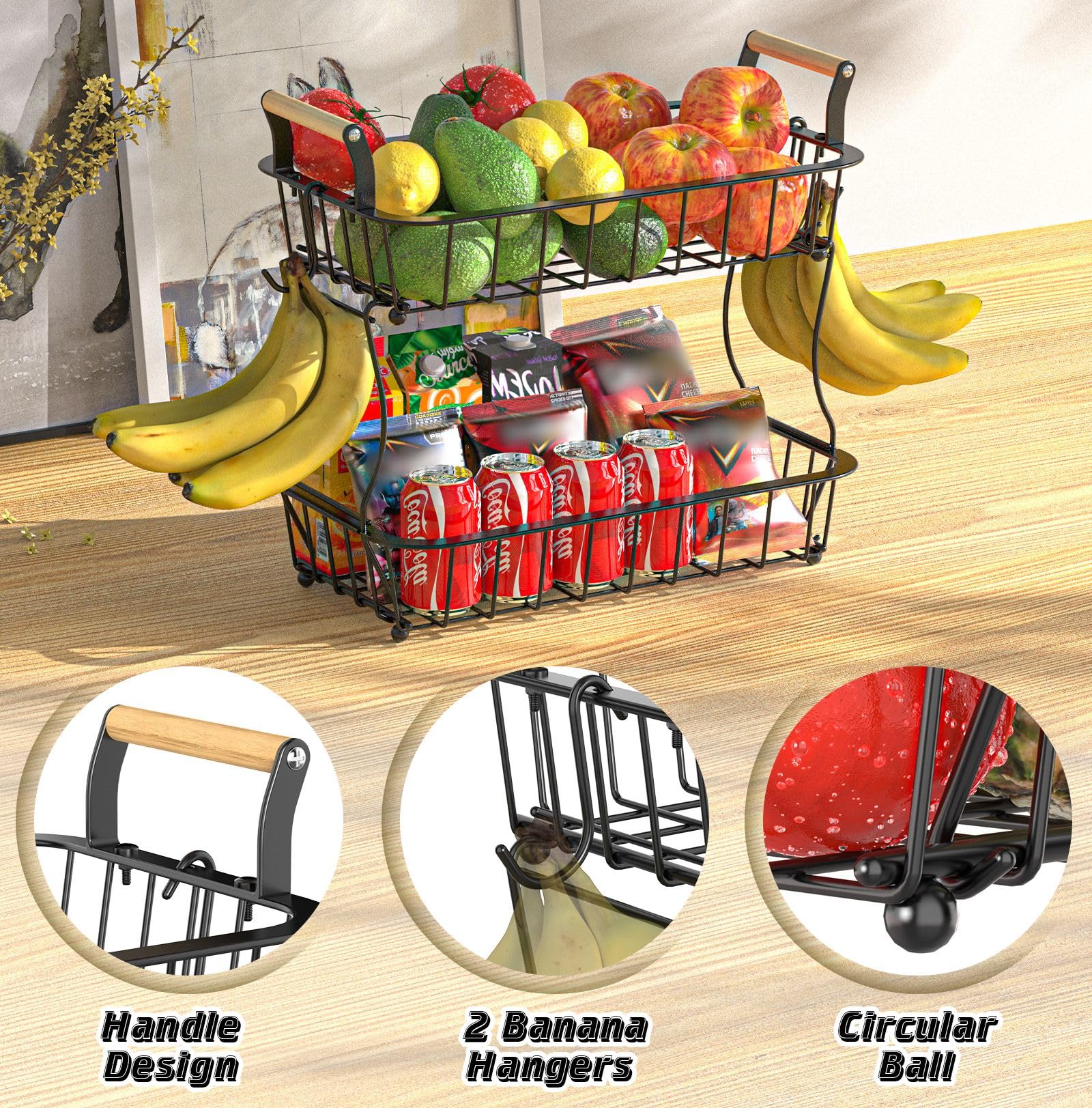 Cestino per frutta a 2 ripiani per il bancone della cucina, con 2 ganci per banane, cestino per il pane in metallo, verdure, supporto per snack | Leroy Merlin