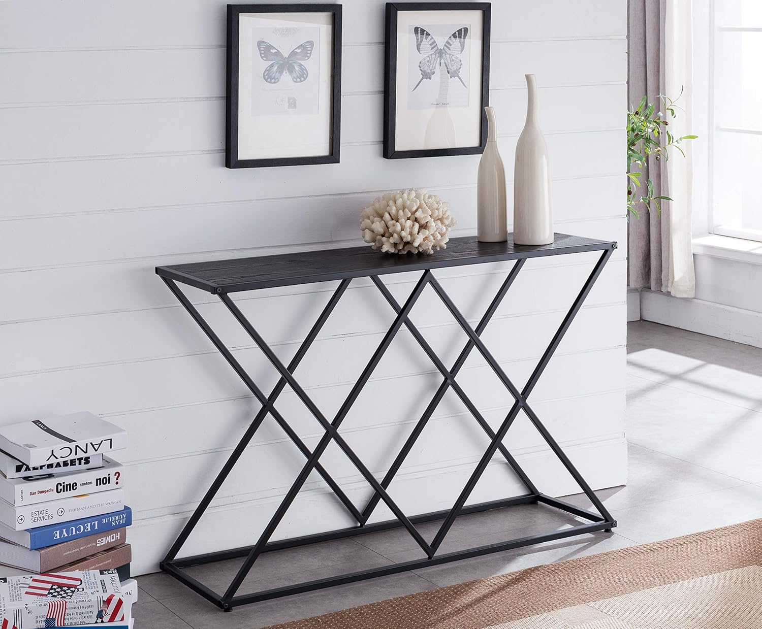 Kings Brand Furniture – Macon Modern Console Sofa Table, Black Metal Frame & Gray Wood - Perfect for Entryways and Living Rooms