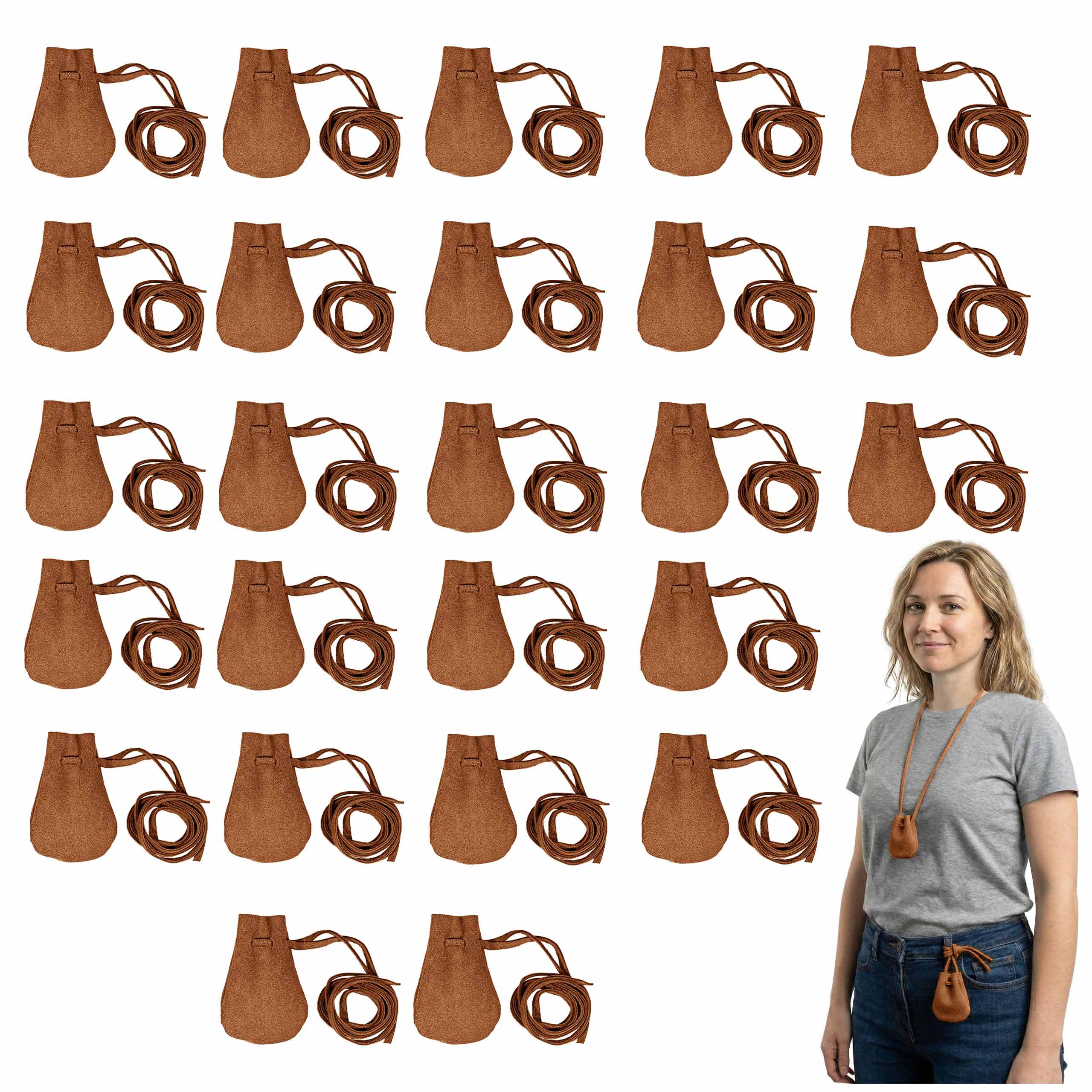 Pack of 25 Mythrojan Small Trinket Pouches Suede Leather Drawstring Coin &amp; Dice Bags for LARP, SCA, Viking &amp; Medieval Events, Color : Brown