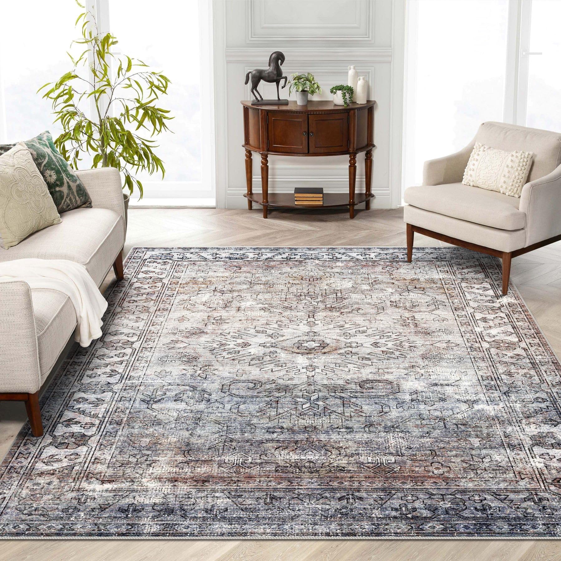 vivorug 8x10 Area Rugs - Ultra-Thin Washable Rug with Non-Slip Backing, Ideal for Living Room, Bedroom, Kitchen Floor Carpet - Vintage Style, Easy Clean, Durable, Low Pile Rug (Taupe/Stone)