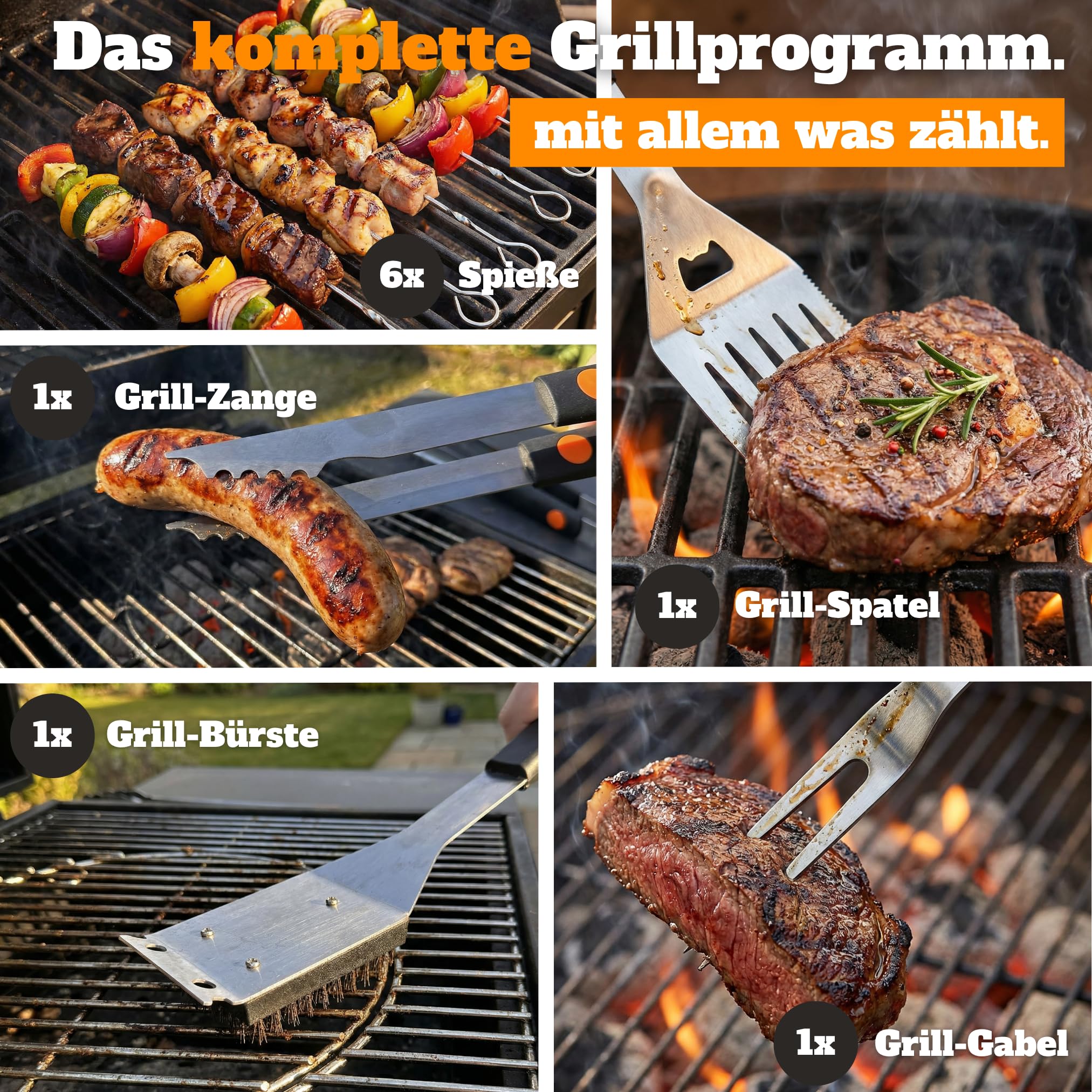 Grillkoffer Grill Set für Männer - Grillbesteck Edelstahl im Holzkoffer | 3-in-1 Wender mit Flaschenöffner & Schneidkante, Grill Zubehör, Geschenk zum Vatertag & Weihnachten