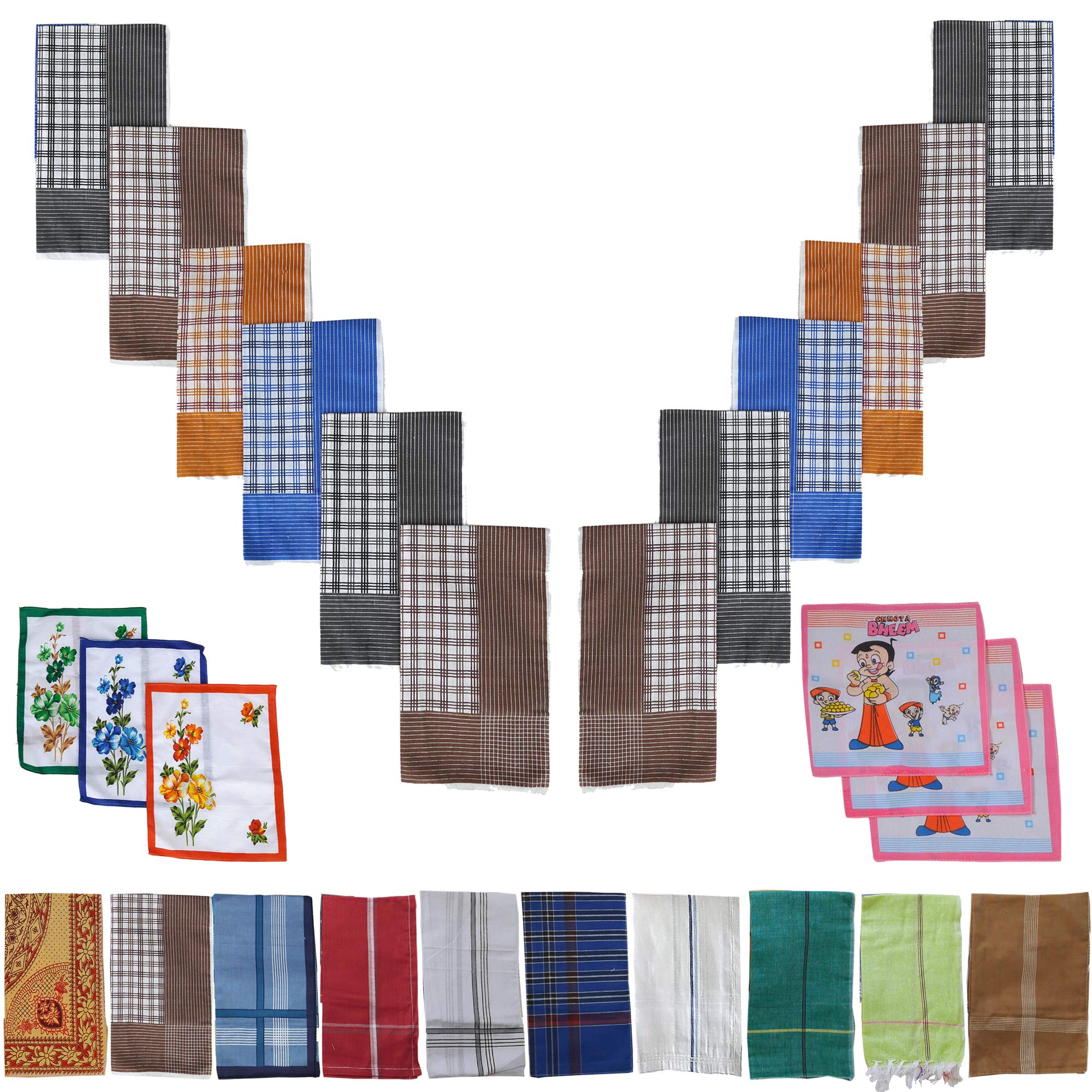 SAI PRASEEDA 100% Pure Soft Cotton Hand Kerchief_Hanky Multi Color Pack of 12 with Free 3 Ladies Kerchief_3 Kids Kerchief SP7-picture-23