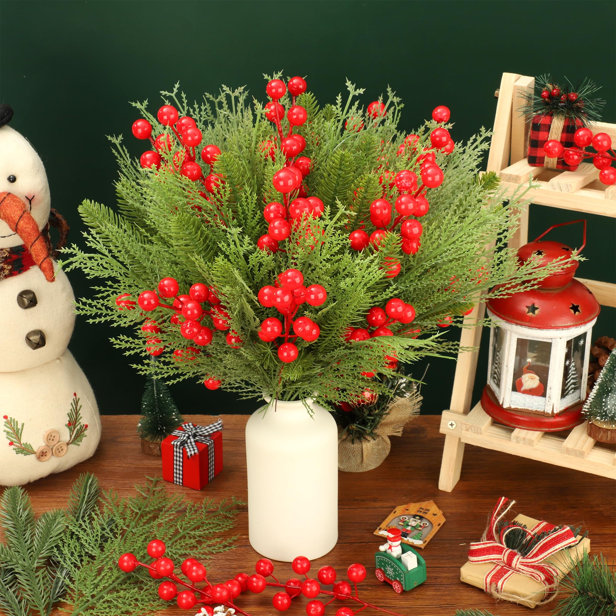 Künstliche Tannenzweige für Weihnachten, 20,3 cm, künstliche rote Beerenstiele, 34,3 cm, künstliche künstliche Tannen, Nadeln, DIY-Handwerk, Dekorationen für Weihnachtsbaum, DIY-Kranz, Girlande