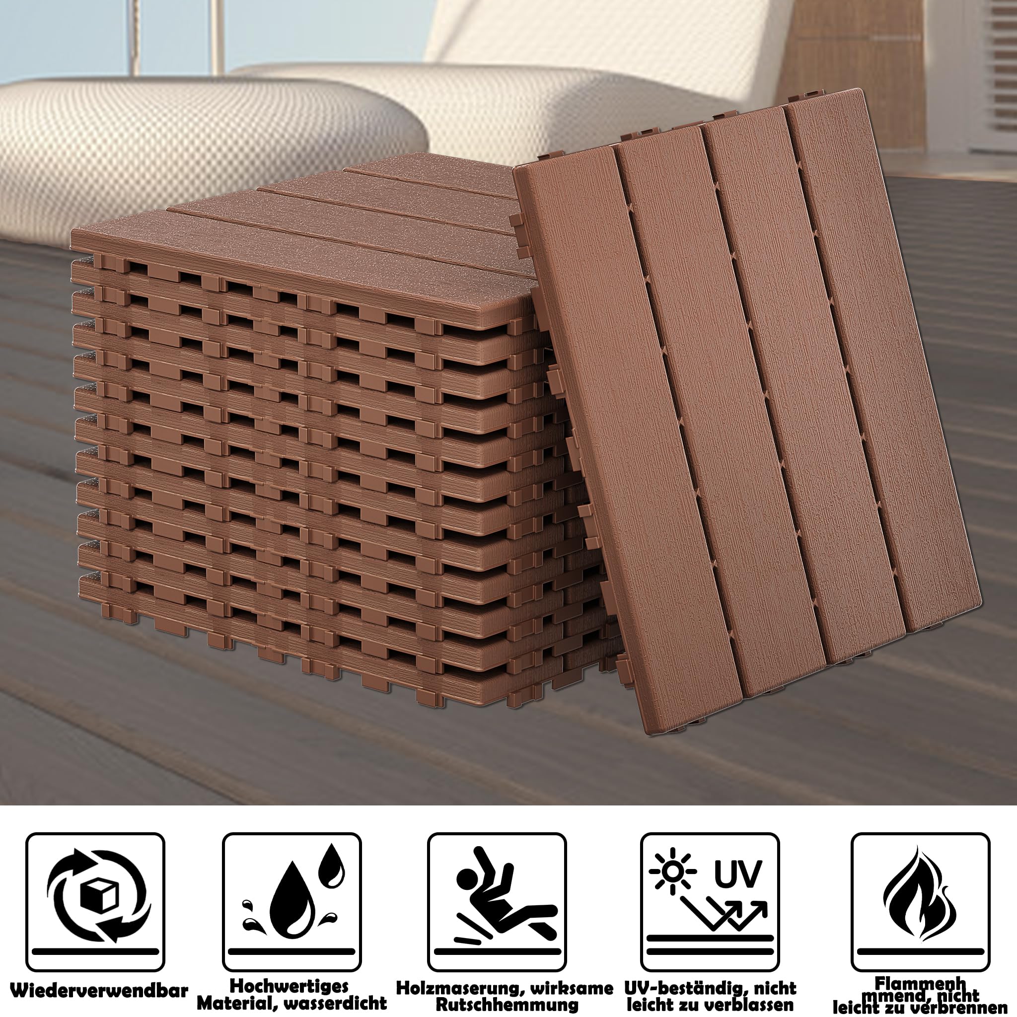 LZQ Lot de 55 dalles de balcon, 30 x 30 cm, aspect bois, revêtement de sol pour balcon, jardin, en plastique polyéthylène, surface antidérapante, plaques résistantes aux intempéries avec fonction de