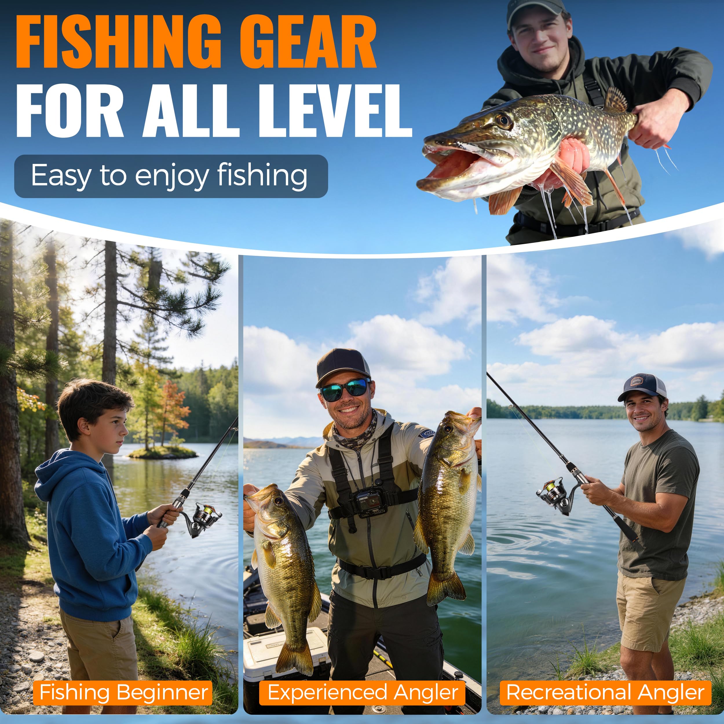 PLUSINNO Attrezzatura da pesca, canna da pesca telescopica e mulinello combinata con scatola per attrezzature, canna pieghevole e scatola per esche, kit di base per canna da pesca, accessori da pesca