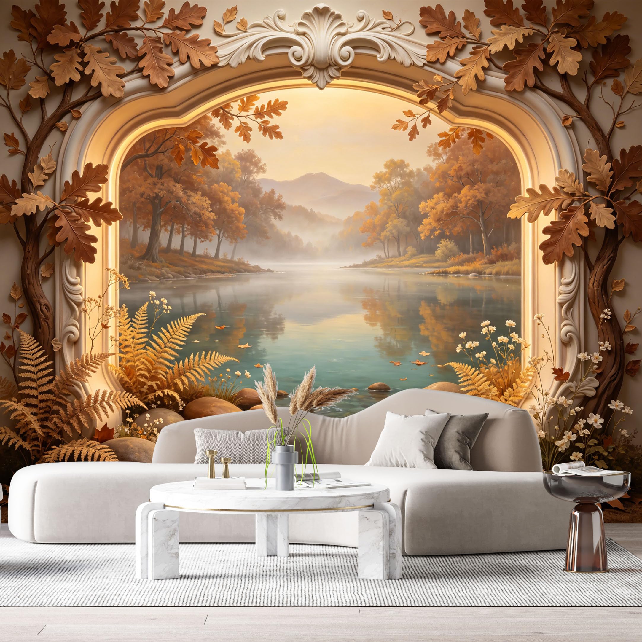 Custom Size Wall Murals Autumn Lake Landscape Neoclassical Arch 3D Trompe L'Oeil SelfAdhesiveWall Fabric Removable Wallpaper Wall Decor for Living Room Bedroom Bathroom
