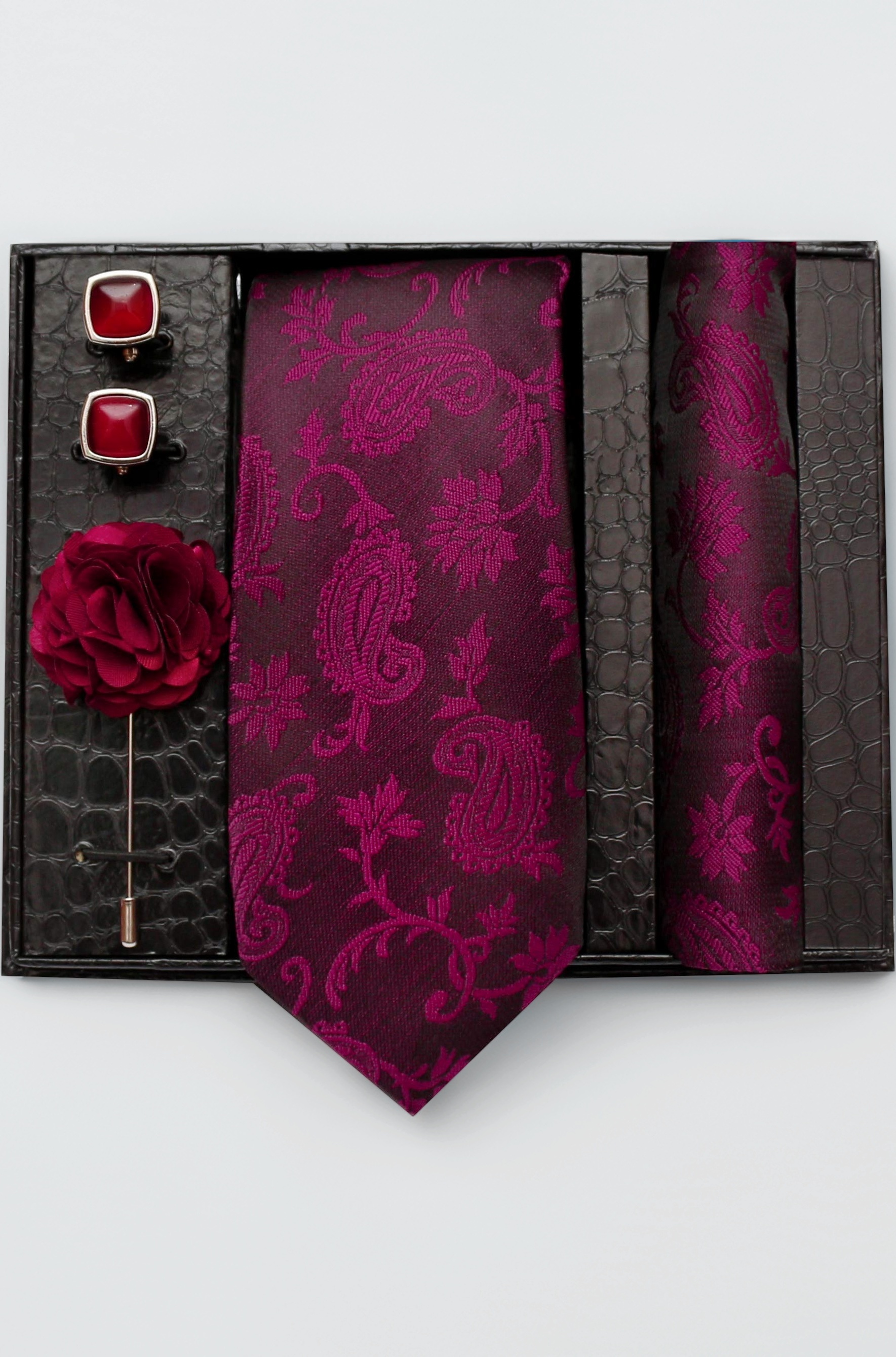- Tie for Men – Micro Silk Neck Ties Set with Cufflinks Flower Pin, Pocket Square & Black Gift Box, Combo Necktie Sets for Office Wear, Formal Suits & Weddings (Maroon, 214silver)