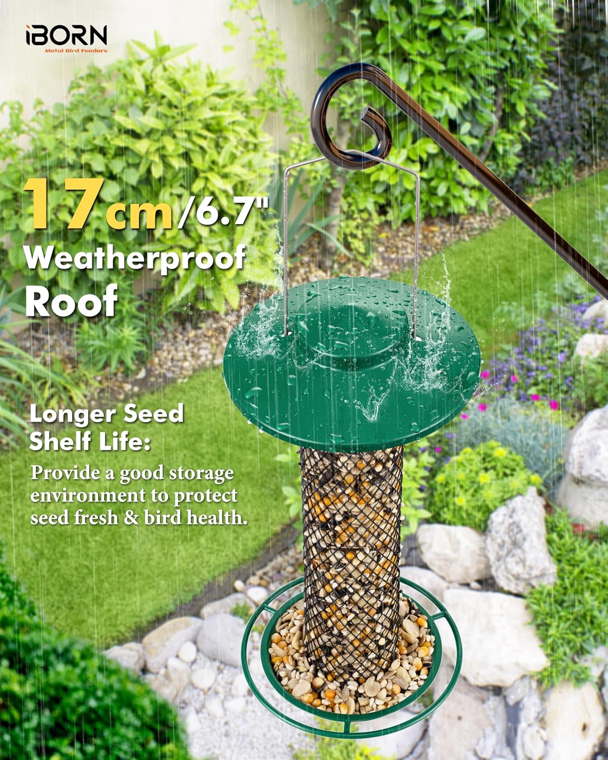 iBorn Peanut Bird Feeder,Sunflower Seed Feeder,13.5 Inch Metal Mesh Tube Bird Feeders for Outdoors Hanging,Squirrel Proof Birdfeeders for Peanut with 17cm Weatherproof Roof & Tray,2 LB Capacity,Green