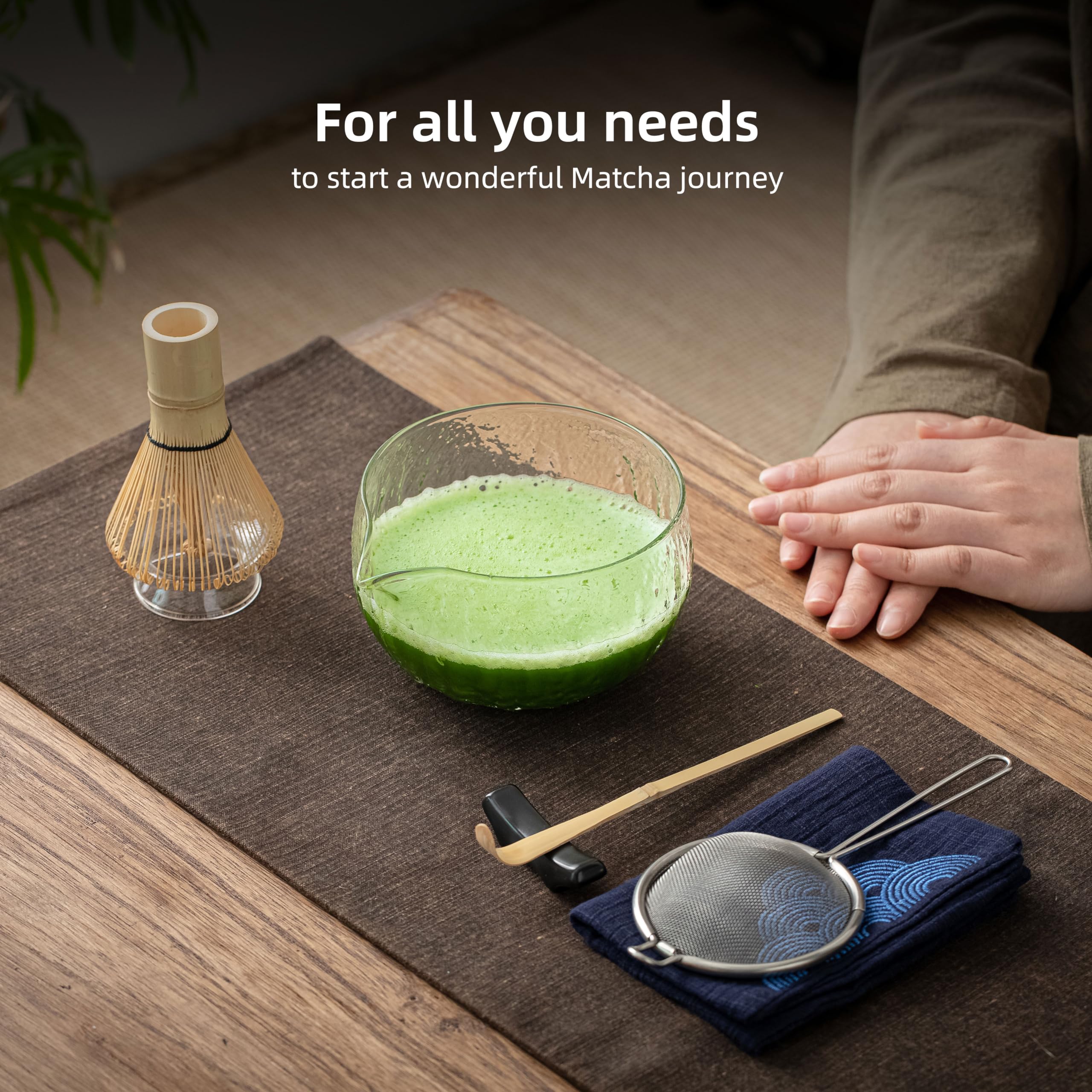 TEANAGOO 7pcs Matcha Set Mtacha Kit Matcha Bowl with Pouring Spout Bamboo Matcha Besen (chasen) Scoop (chashaku) Matcha Whisk Holder. N21, Klarglas, Matcha Grünteepulver...