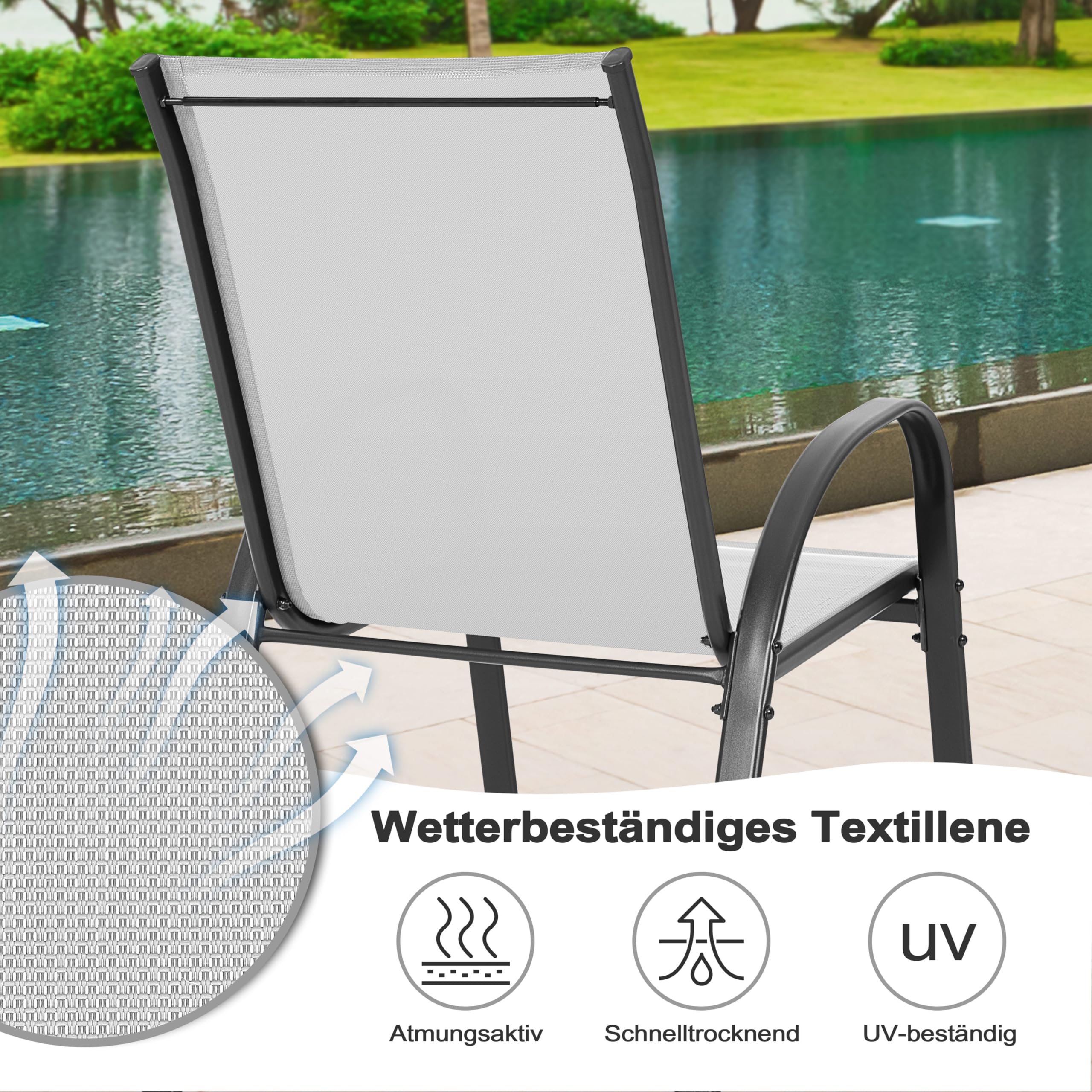 Avestar 5-teiliges Gartenmöbel Set, Garten-Essset für 4 Personen, 4 stapelbare Stühle und EIN quadratischer Tisch aus Metell, für Rasen, Balkon, Garten, grau und schwarz