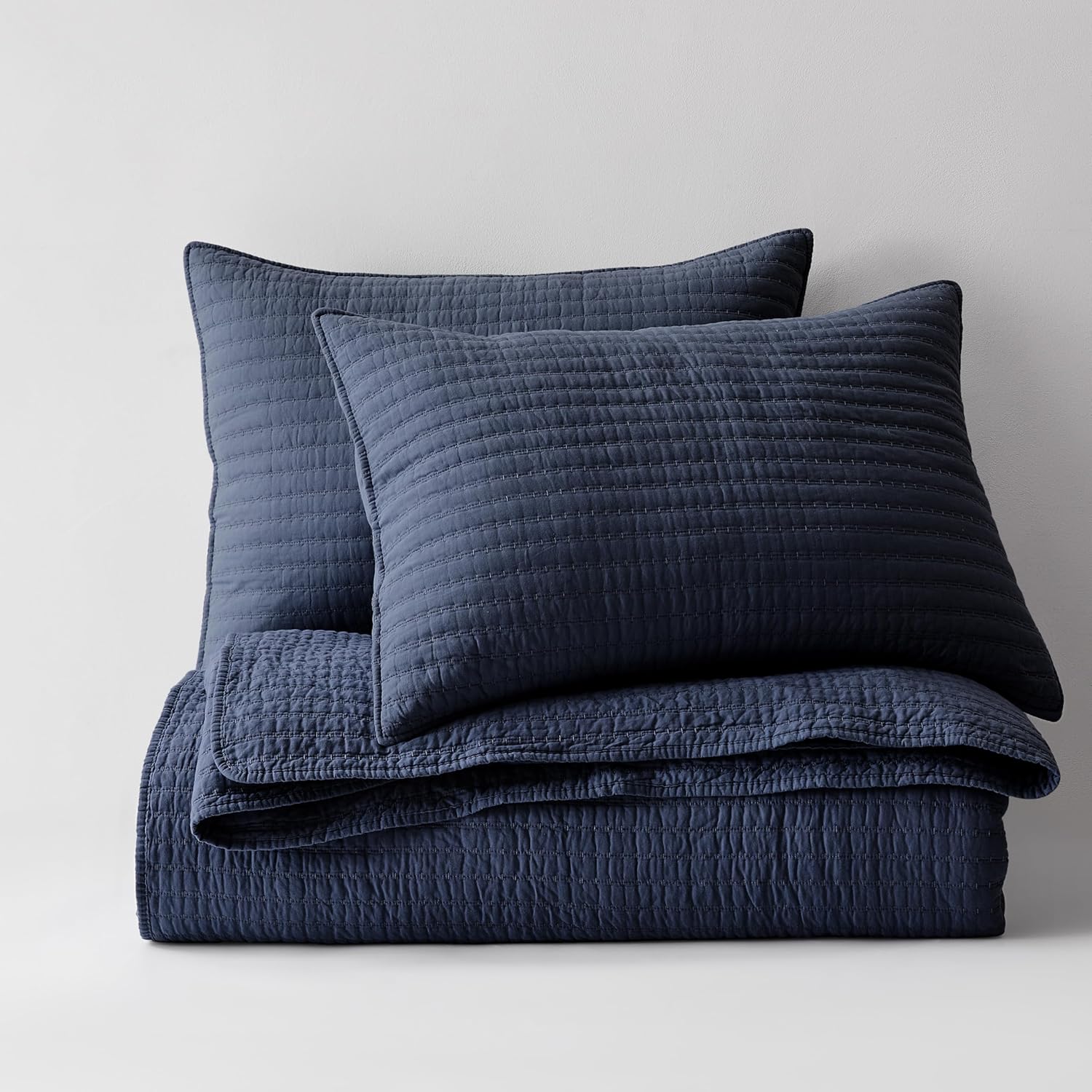 WDCOZY 100% Cotton Twin Size Quilt Set - Navy Blue Striped Pick Stitch Soft Lightweight Bedspread, Textured Like Linen, Farmhouse Country Rustic Coverlet, Shabby Chic Gauze Bedding, 2 Pieces - Image 8