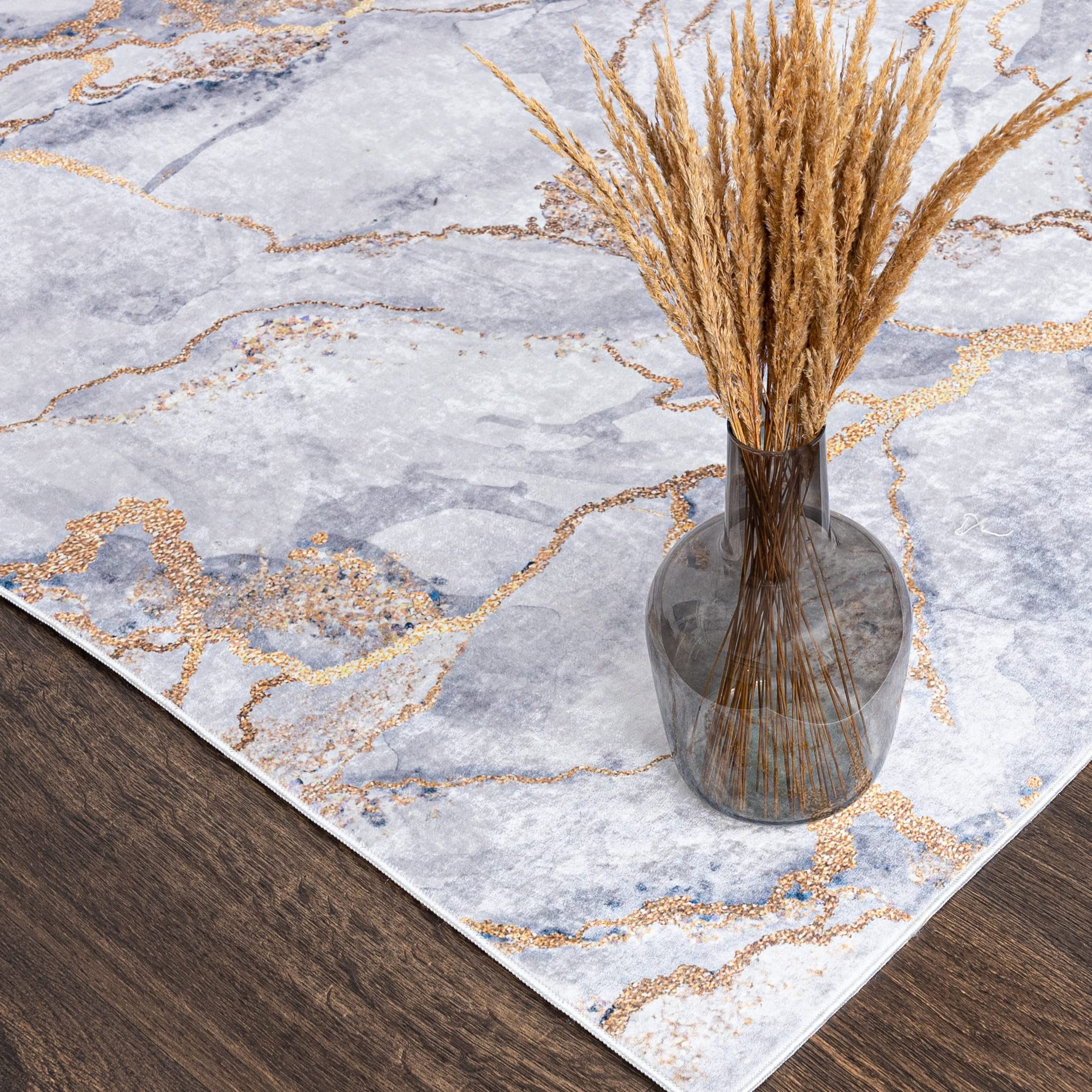 Mazovia Tappeto Salotto Moderno - Tapeto Stampato a Pelo Corto - Morbido Tappeto Camera da Letto - Antiscivolo Tapeto TOSCANA - Tappeto Salotto Motivo Marmo Astratto - Grigio Oro 140x200cm