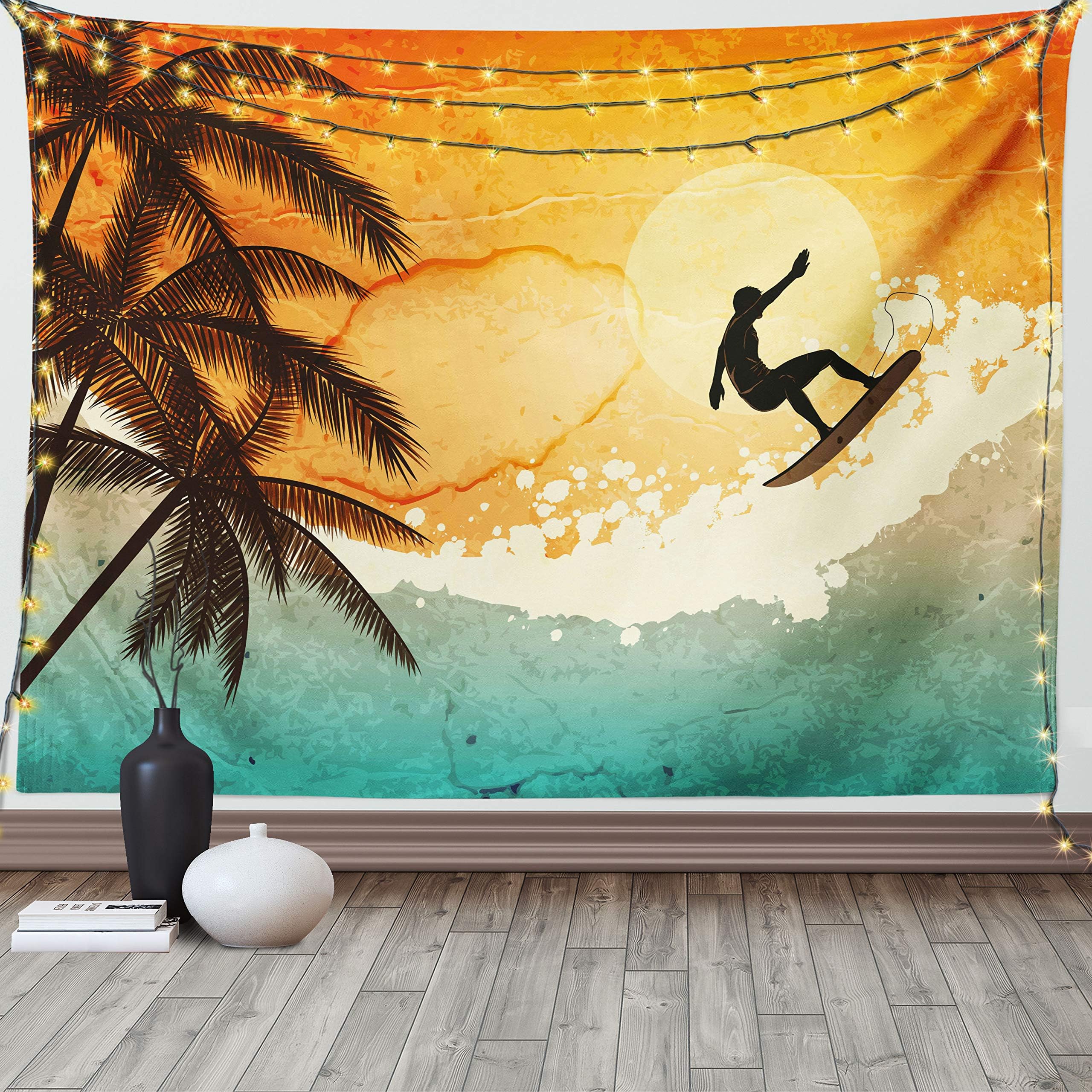 Grunge Tapestry by Ambesonne, Illustration of Tropical Island Surfer on Sea Waves and Palms at Sunset, Wall Hanging for Bedroom Living Room Dorm, 80WX60L Inches, Orange Turquoise Black