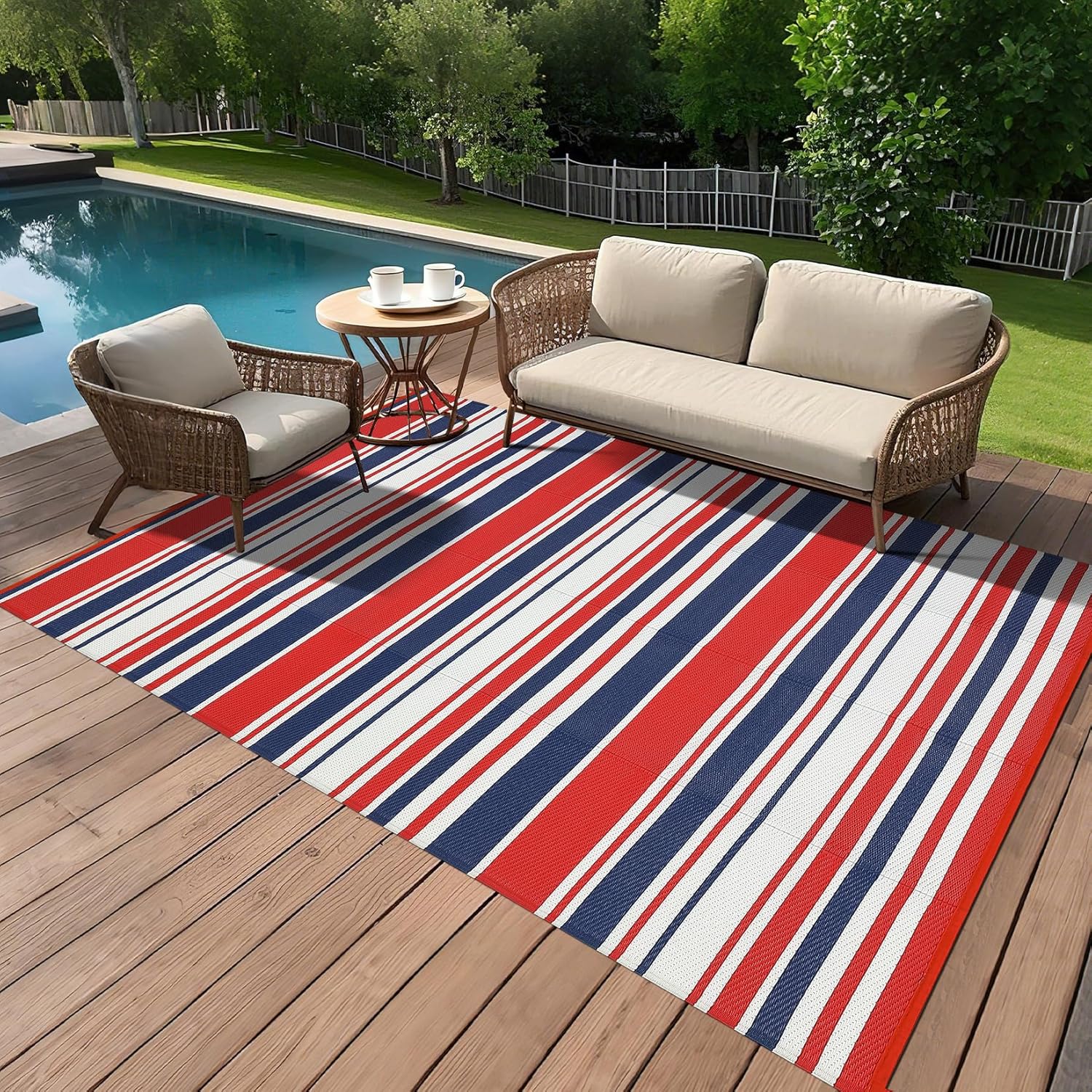 Waterproof Outdoor Rug 8x10 Contemporary Reversible Plastic Straw Rug, Easy Cleaning Striped Patio Carpet, UV-Resistant Indoor Outdoor Floor Cover for RV, Porch, Deck, Backyard, Red Blue White