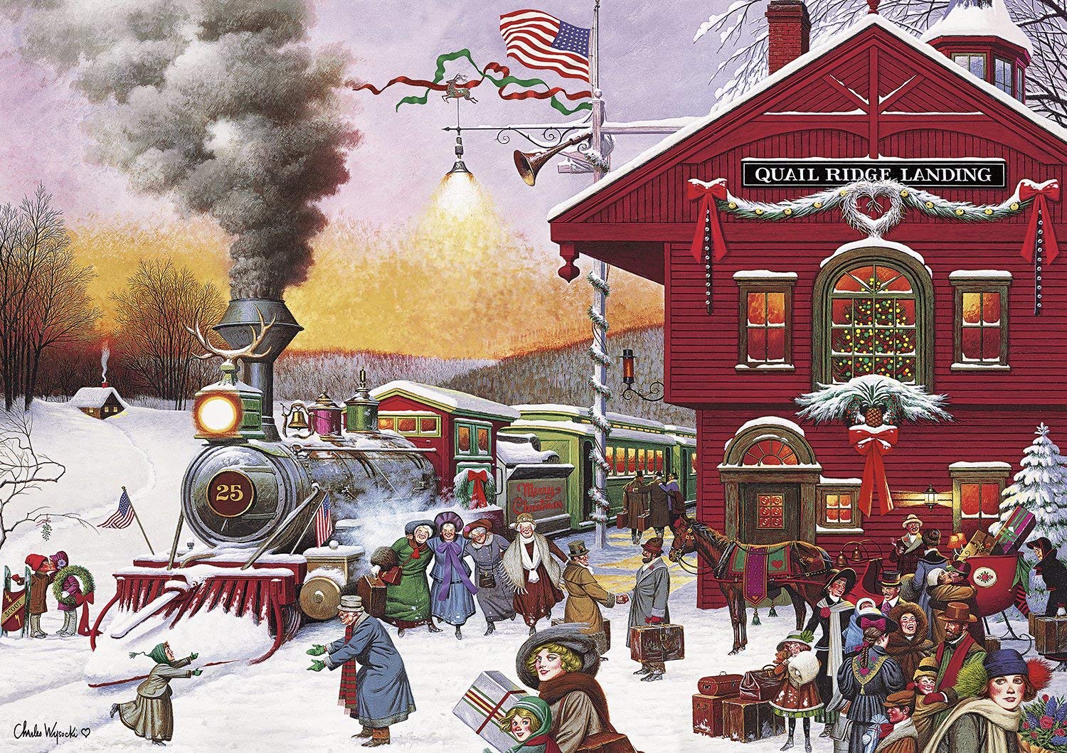 Whistle Stop Christmas - 500 Piece Holiday Puzzle for Adults - Charles Wysocki Jigsaw Puzzles - Festive Train Scene with Poster – 500 Colorful Pieces
