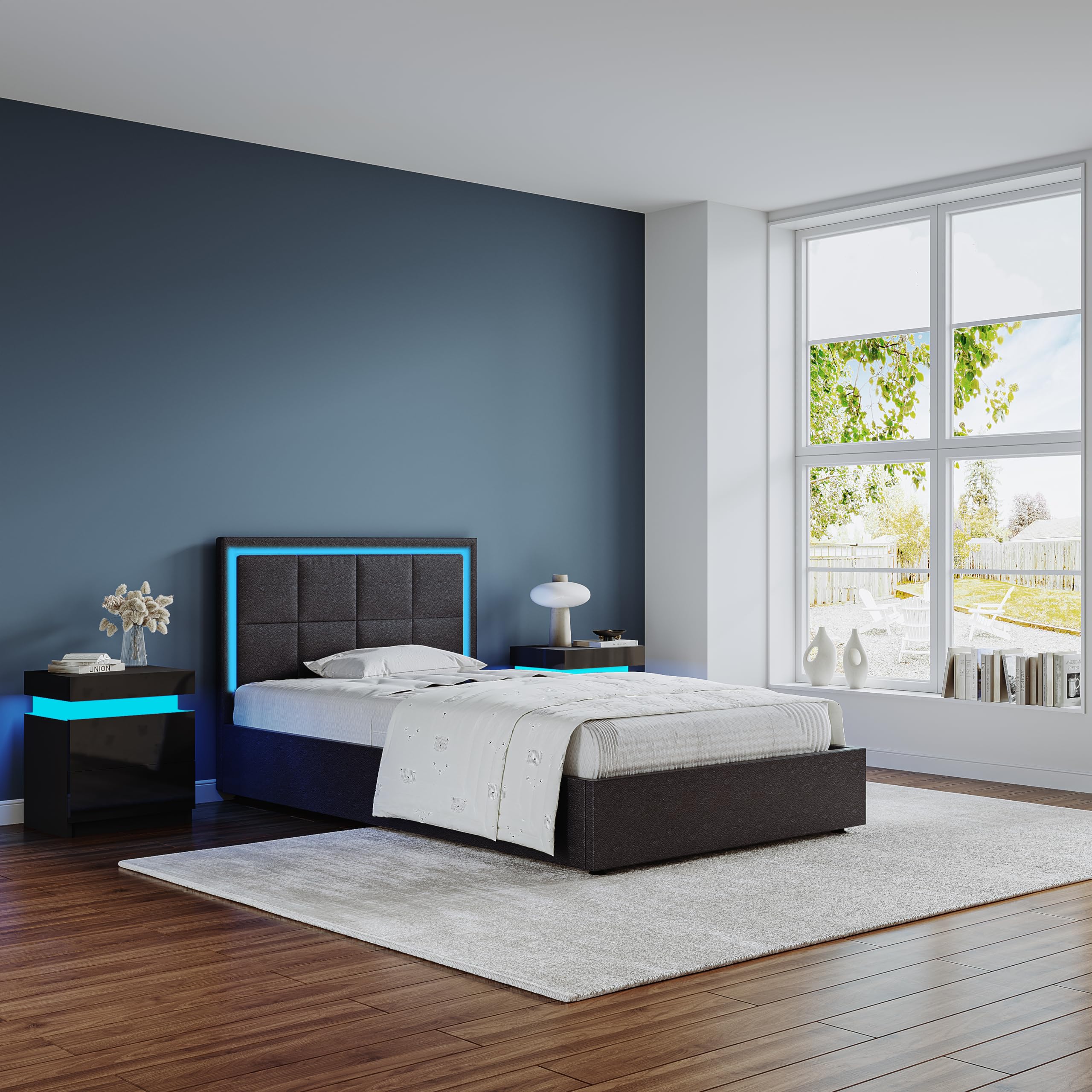 Ottoman Bed,3ft Upholstered Bed Ottoman Lift Storage Bed with LED Lights