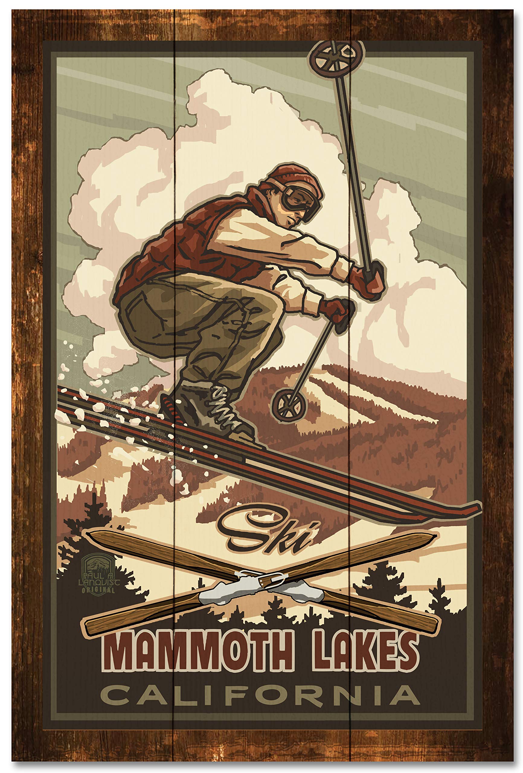 Catching Air Snowboarder Mammoth Lakes California Rustic Wood Art Print from Travel Artwork by Artist Paul A. Lanquist 24" x 36"
