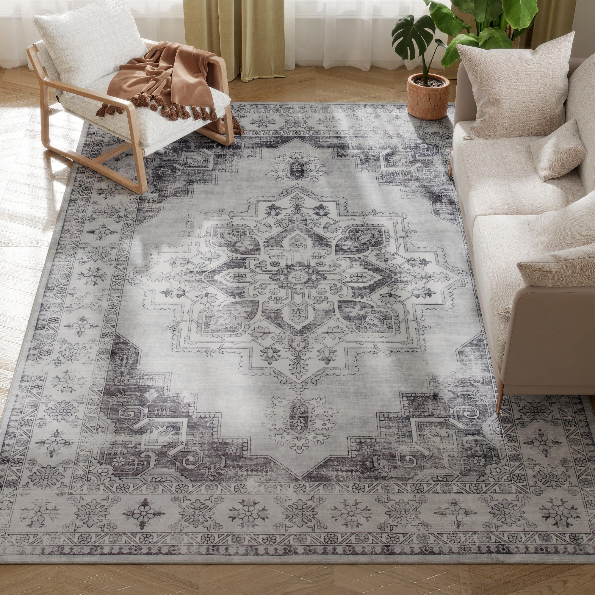 HOMCOM Vintage Area Rug, Non-Slip Washable Rug, Flannel Floor Carpet for Living Room, Bedroom, Dining Room, Home Office, 290 x 200 cm, Grey
