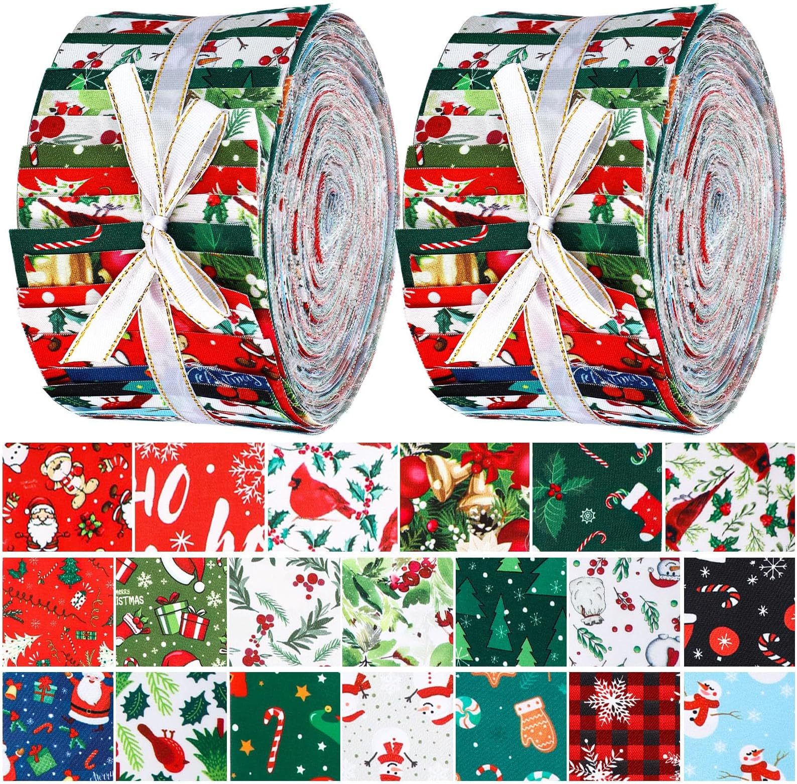 Hosuly 40 Pcs Christmas Fabric Jelly Fabric Quilting Patchwork Roll Red and Green Quilting Strips 2.55 Inch Precut Santa Claus Tree Snowman Cardinal Patchwork Roll for Xmas Winter Sewing DIY Craft