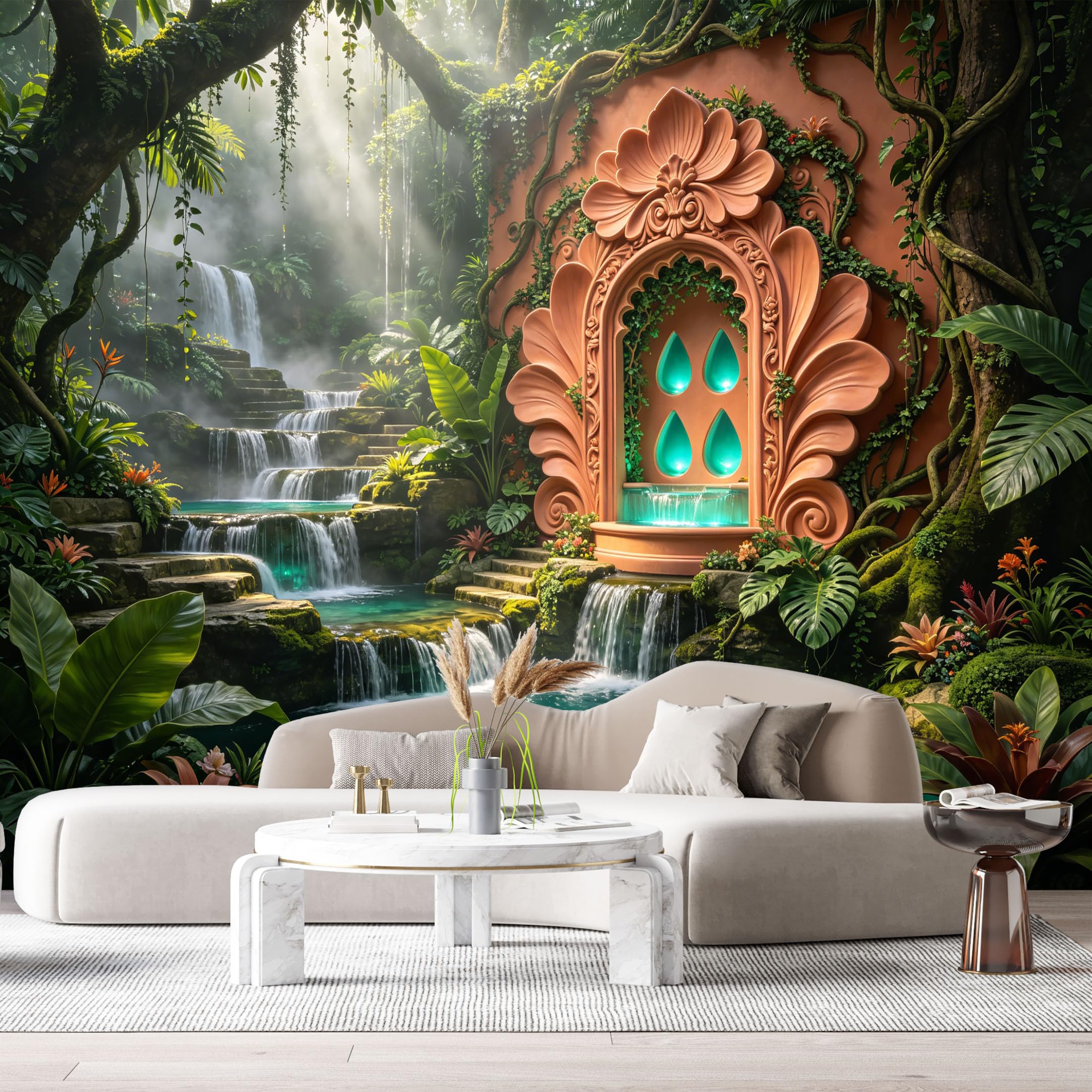 Custom Size Wall Murals Jungle Tropical Waterfall Archway Teal Droplets 3D Trompe L'Oeil SelfAdhesiveWall Fabric Removable Wallpaper Wall Decor for Living Room Bedroom Bathroom