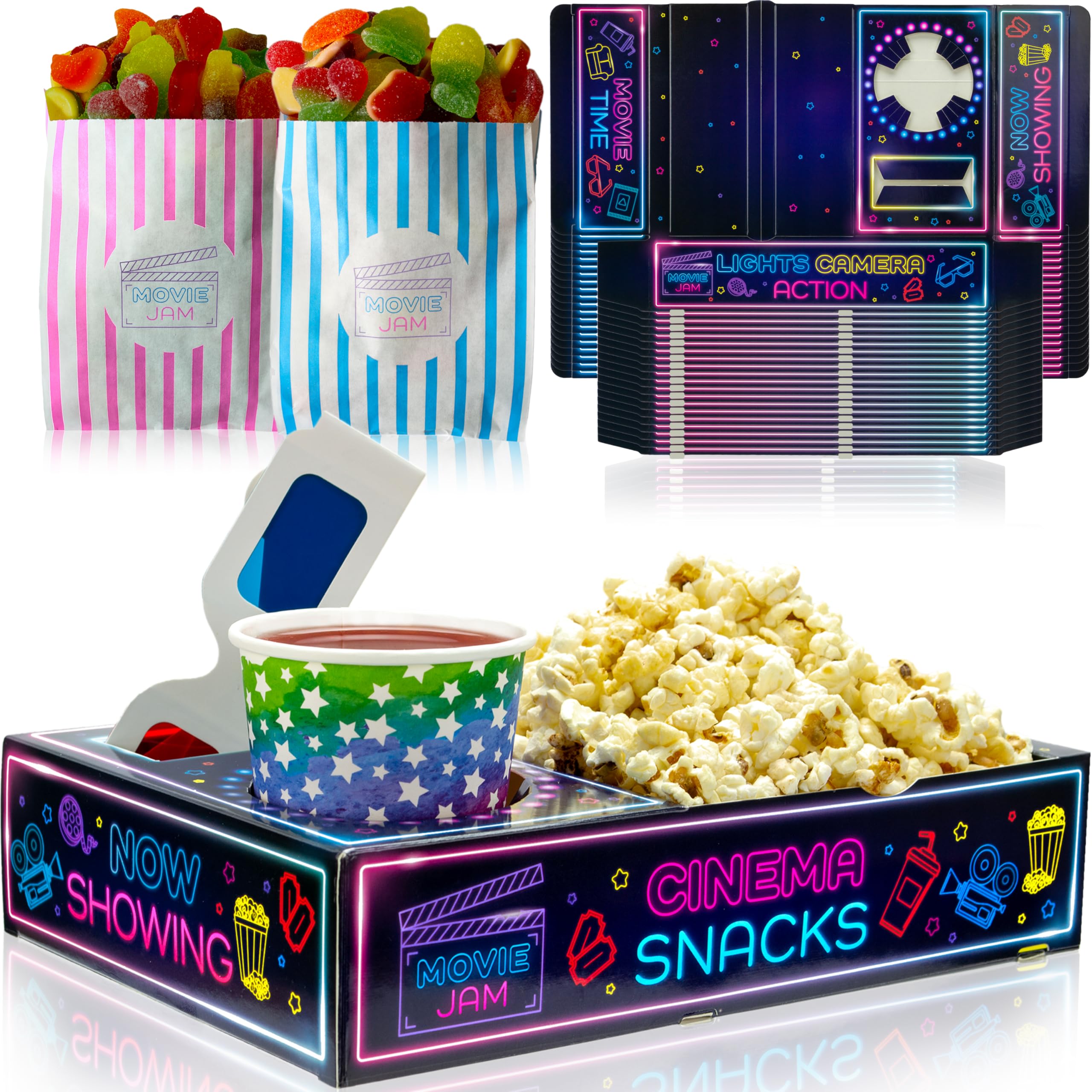 Moviejam Movie Night Snack Trays – Neon Edition | 20 Cardboard Popcorn Boxes & 20 Candy Bags + 20 Movie Ticket Invitations