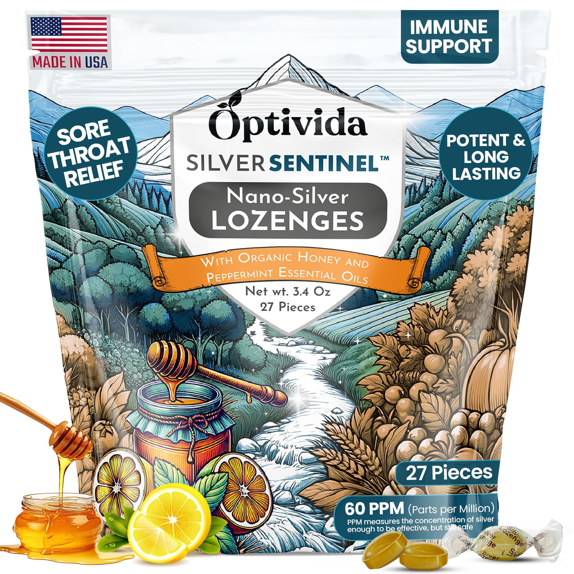 OPTIVIDA Health Colloidal Silver Lozenges with Honey & Lemon Oil (1 Pack) - Soothing Sore Throat Lozenges for Adults with Cough Relief & Fast-Acting Nano Silver Formula for Immune Support, 60 Ppm