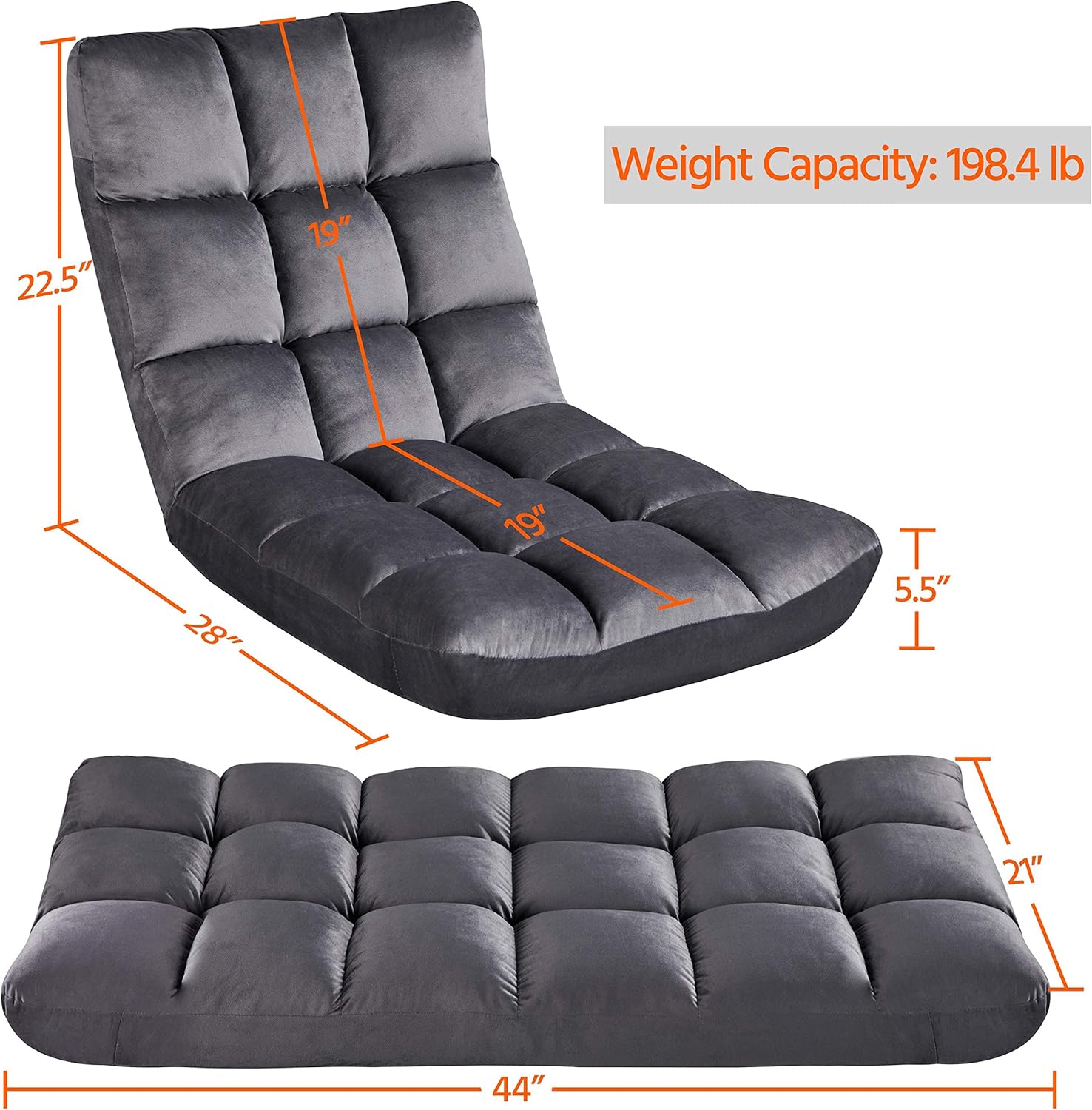 Topeakmart Floor Folding Chair with 14 Adjustable Positions Portable Padded Lounge Chair with Backrest Lazy Sleeper Recliner for Living Room Bedroom, Gray