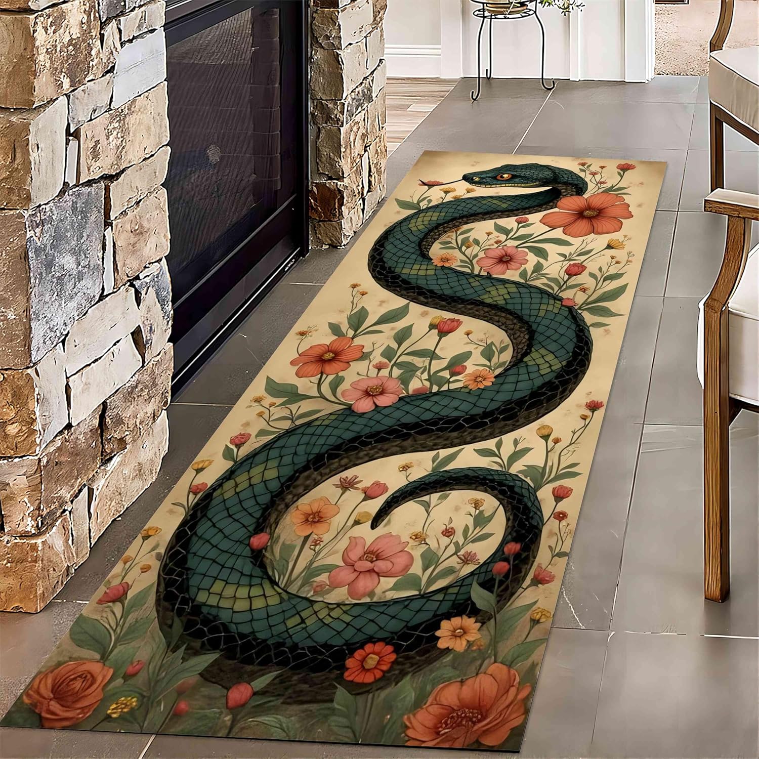 UNREASTO Snake Runner Rug, 2x6ft, Vintage Cool Snake Floral Leaves Area Rug for Man Cave, Bohemian Animal Snake Rug Washable Non-Slip Floor Mat for Hallway Bedroom Living Room College Dorm Decor