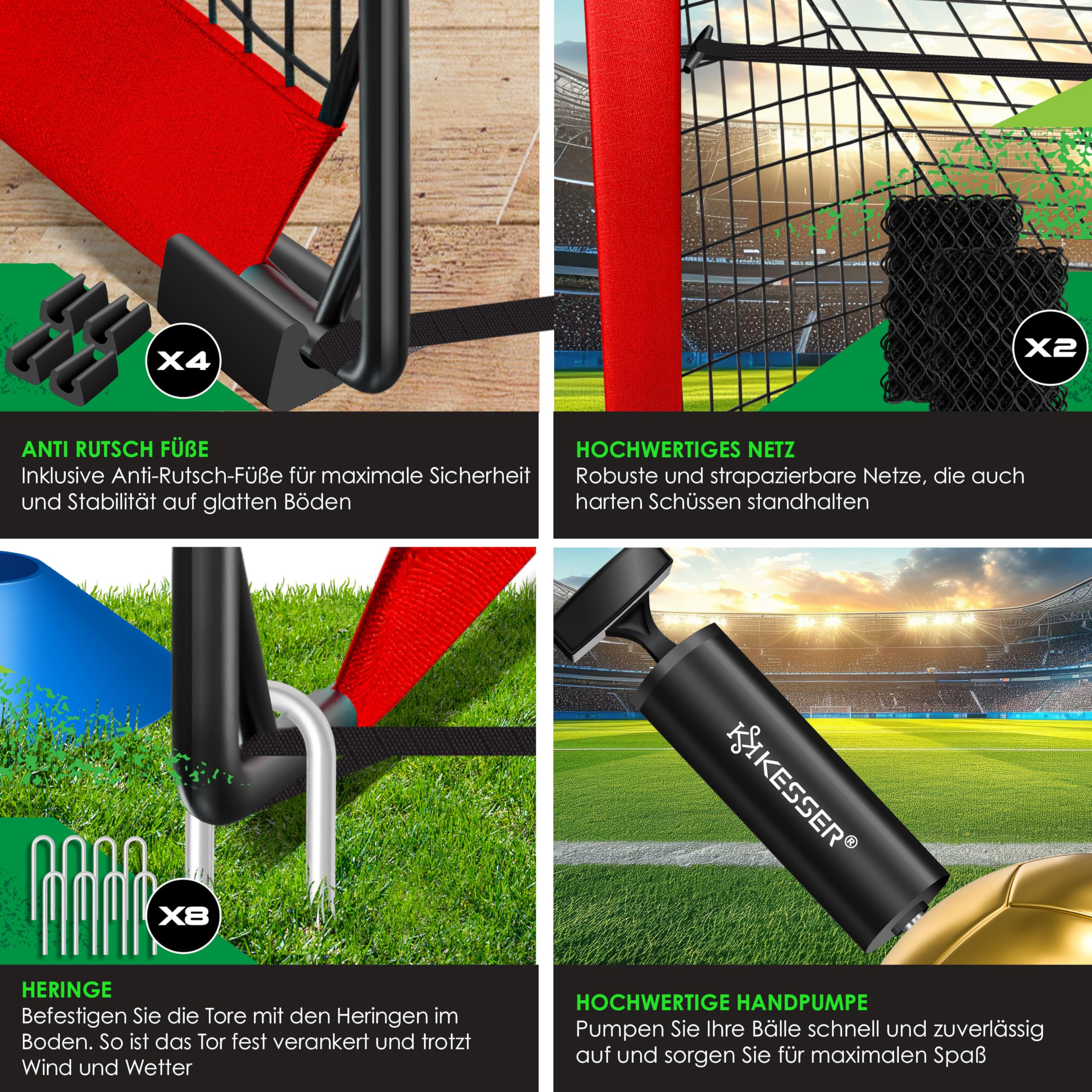 KESSER® Cancelli da calcio per bambini,Set di 2 | Porte da calcio pieghevoli in fibra di vetro per interni, esterni e giardini | Con borsa per il trasporto 6X coni + Pompa,
