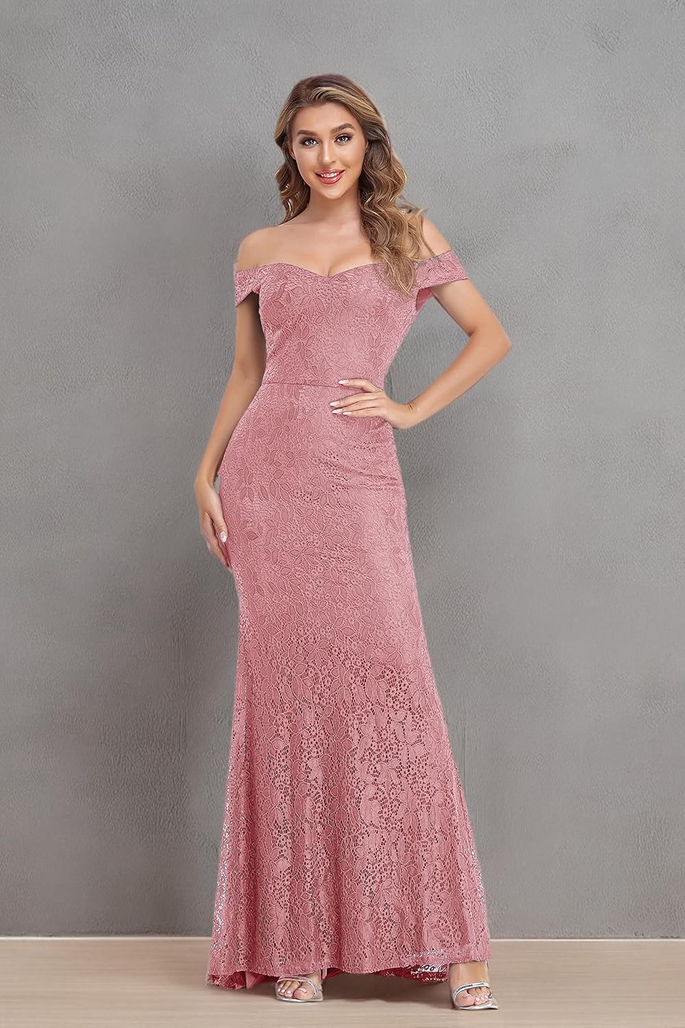 VK Selec Women's Vintage Off Shoulder Floral Lace Glitter Prom Evening Cocktail Maxi Long Dress Unique high Low Hem