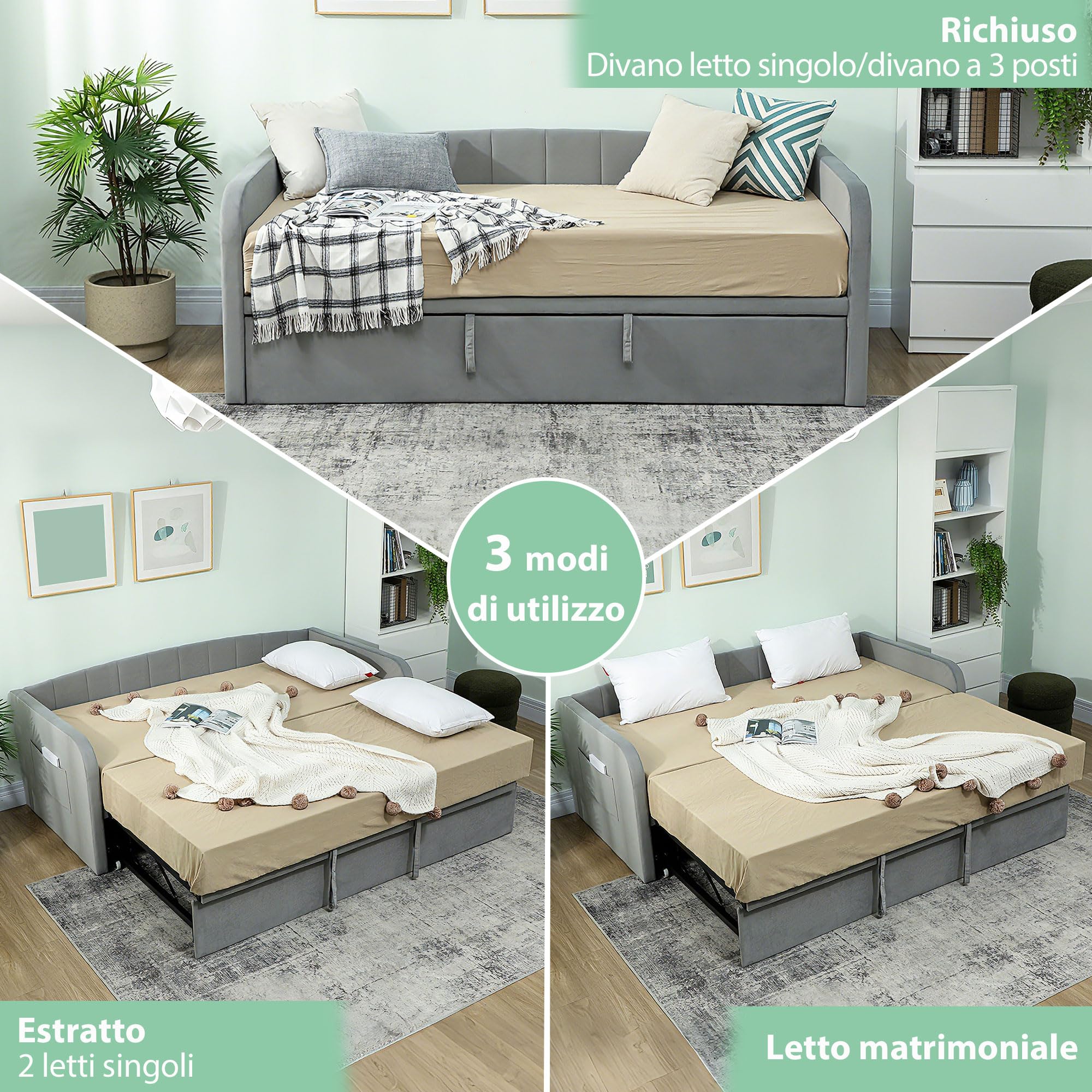 HOMCOM Struttura Letto 90/180x190 cm Estraibile Convertibile Grigio Chiaro