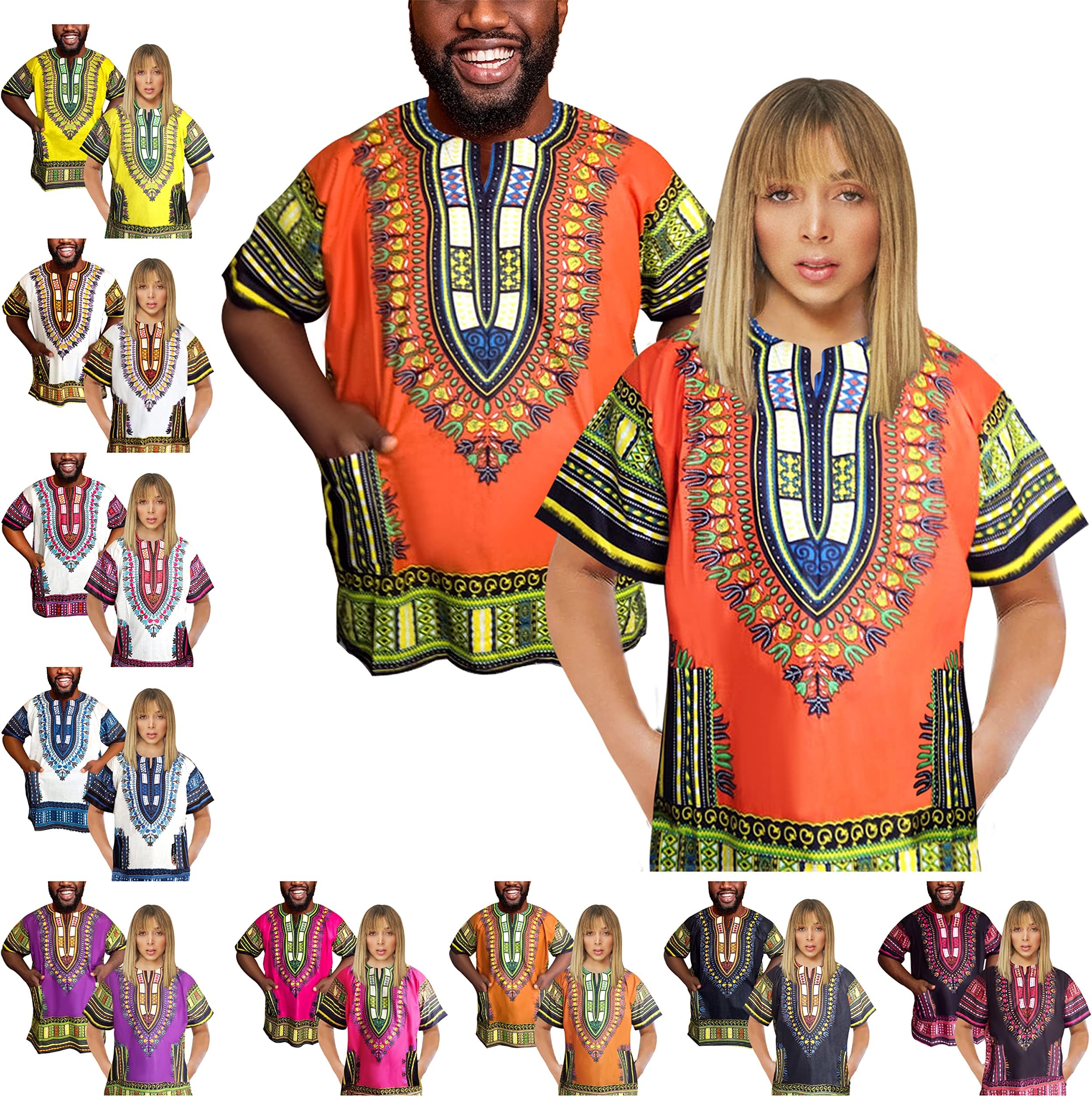 Adalex GlobalTraditional African Unisex Dashiki Shirt Color Tribal Festival Hippie, Ideal for Men Women African Short Sleeve Summer Wear