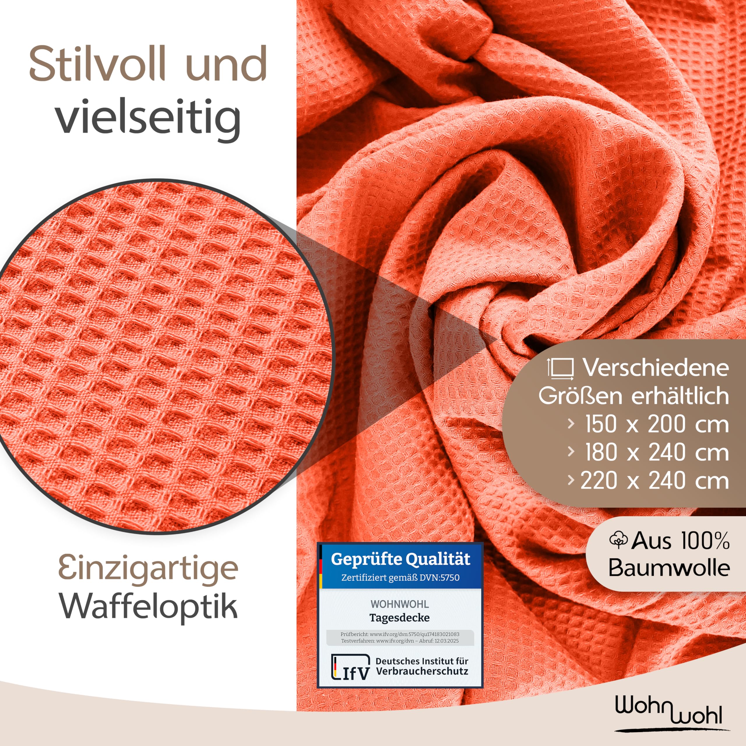 Tagesdecke 150x200cm 100% Baumwolle Waffelpique Sommerdecke Koralle