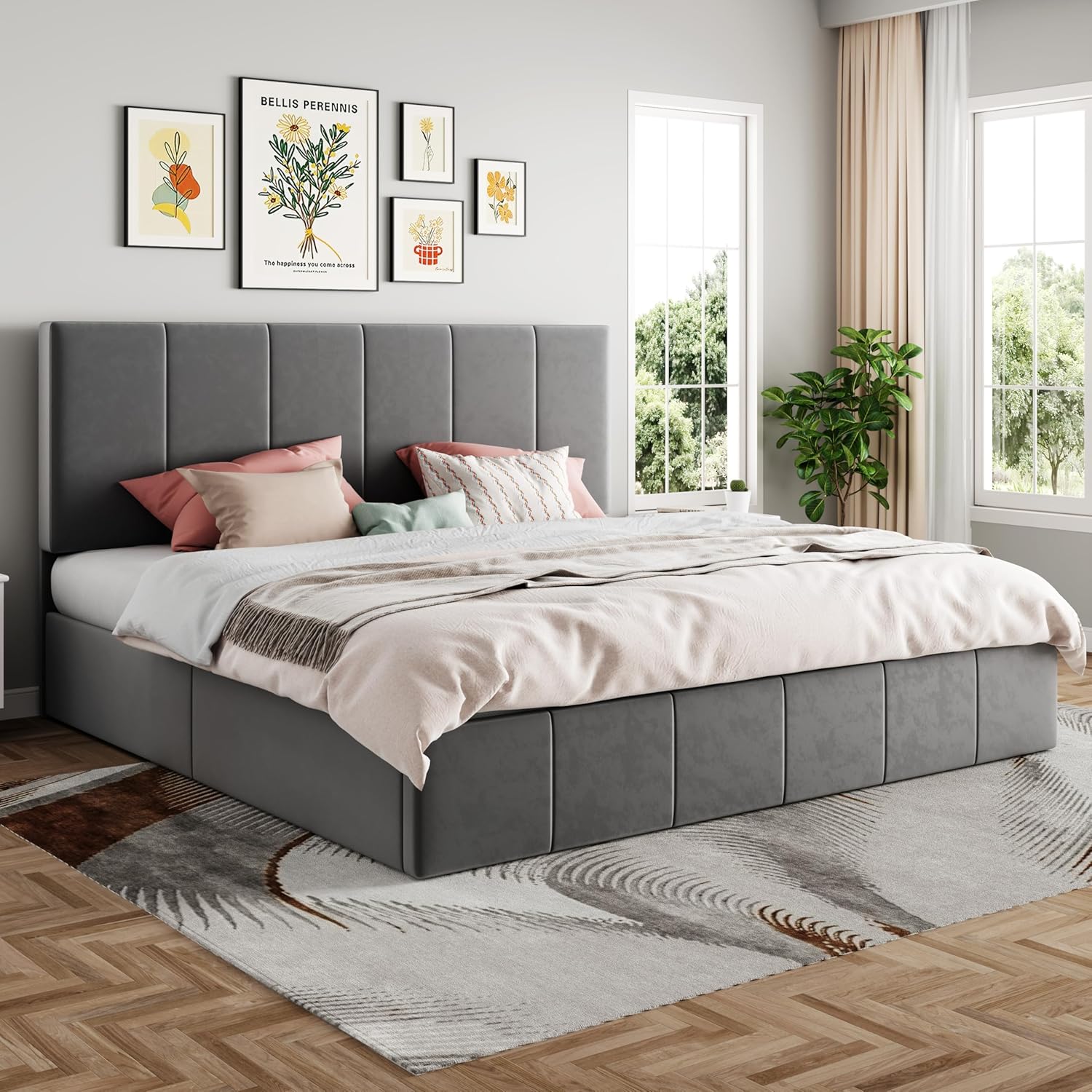 SHA CERLIN King Size Lift Up Storage Bed Frame, Adjustable Headboard, Hydraulic Support, Velvet Upholstered, Easy Installation, No Box Spring Needed, Gray