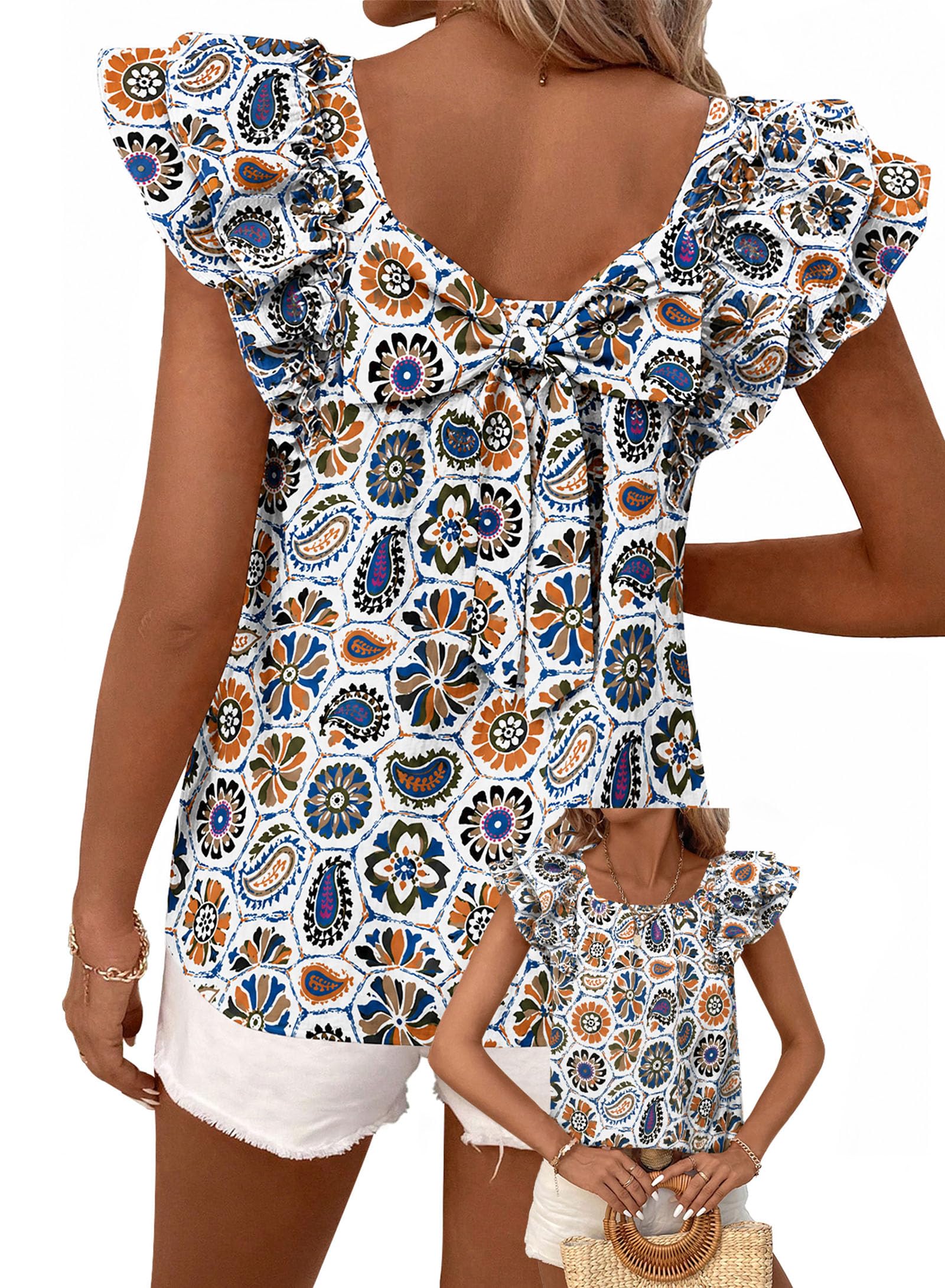 Falechay Womens Bow Tie Back Tops Babydoll Vneck Ruffle Short Sleeve Shirts
