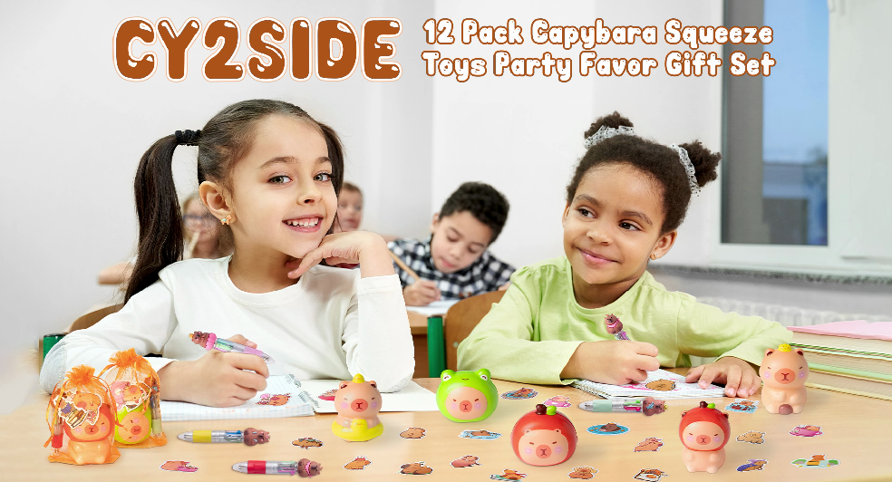 ZWBIGCHA Capy Stationery, set di 68 regali per feste con penne a sfera 4 in 1, adesivi, tatuaggi temporanei e sacchetti per dolcetti in organza per decorazioni di compleanno Capy