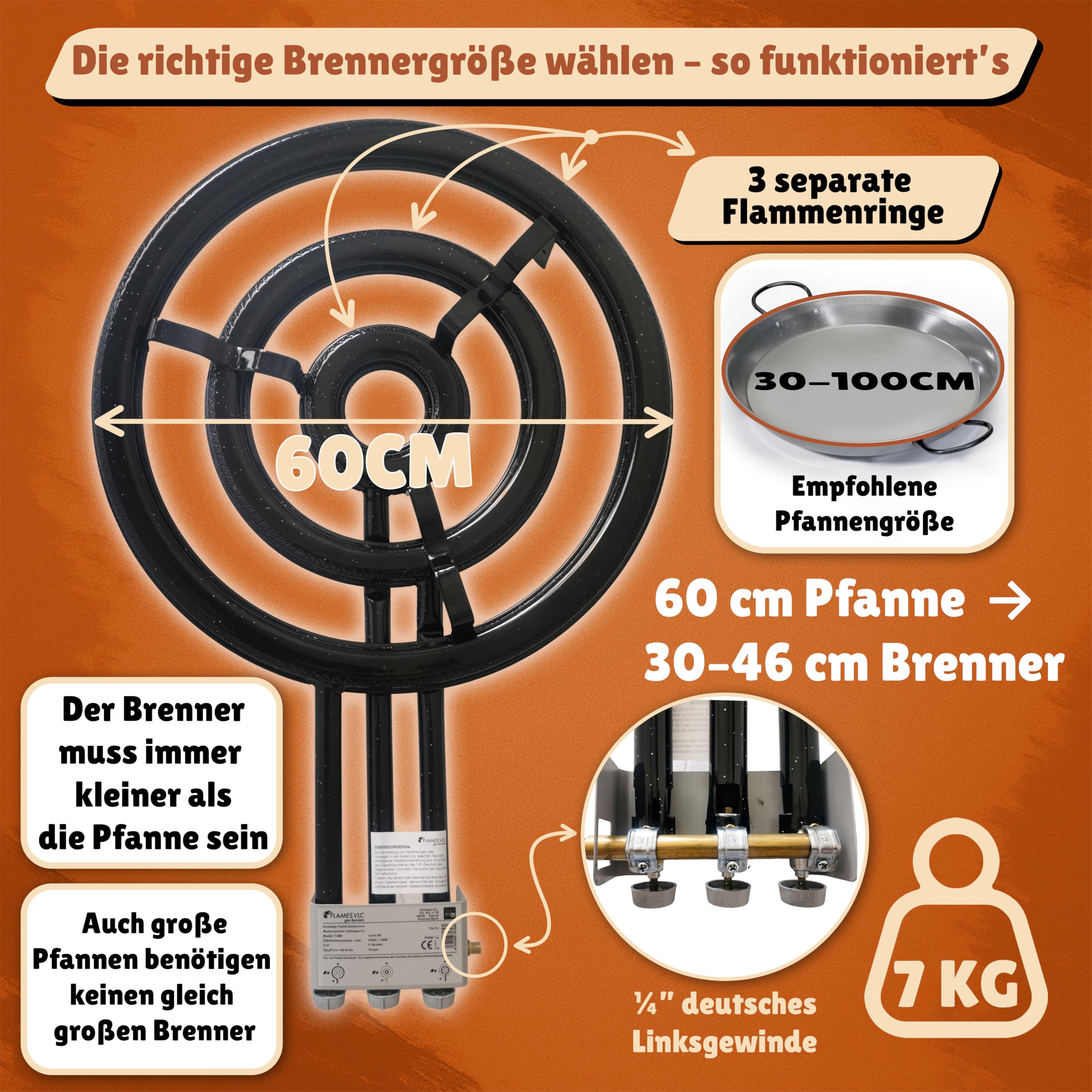 60 cm Gasbrenner für Paella & Grill, 3 Edelstahl-Flammenringe, 30 kW Leistung , Für 30–100 cm Pfannen Propan,Butan und Naturgas Outdoor geeignet.